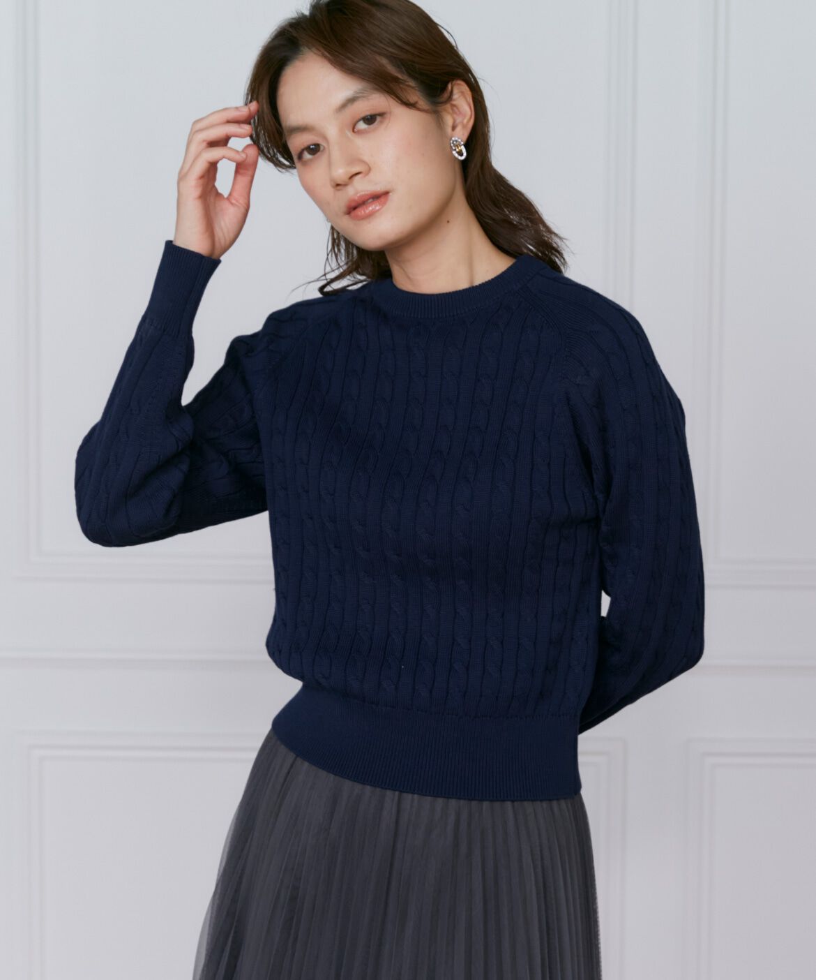 INED「《大きいサイズ》ケーブルニット」|ニット・セーター|ネイビー