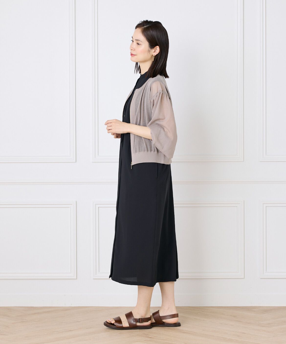 INED「《大きいサイズ》シアーニットジップアップカーディガン」|カーディガン|