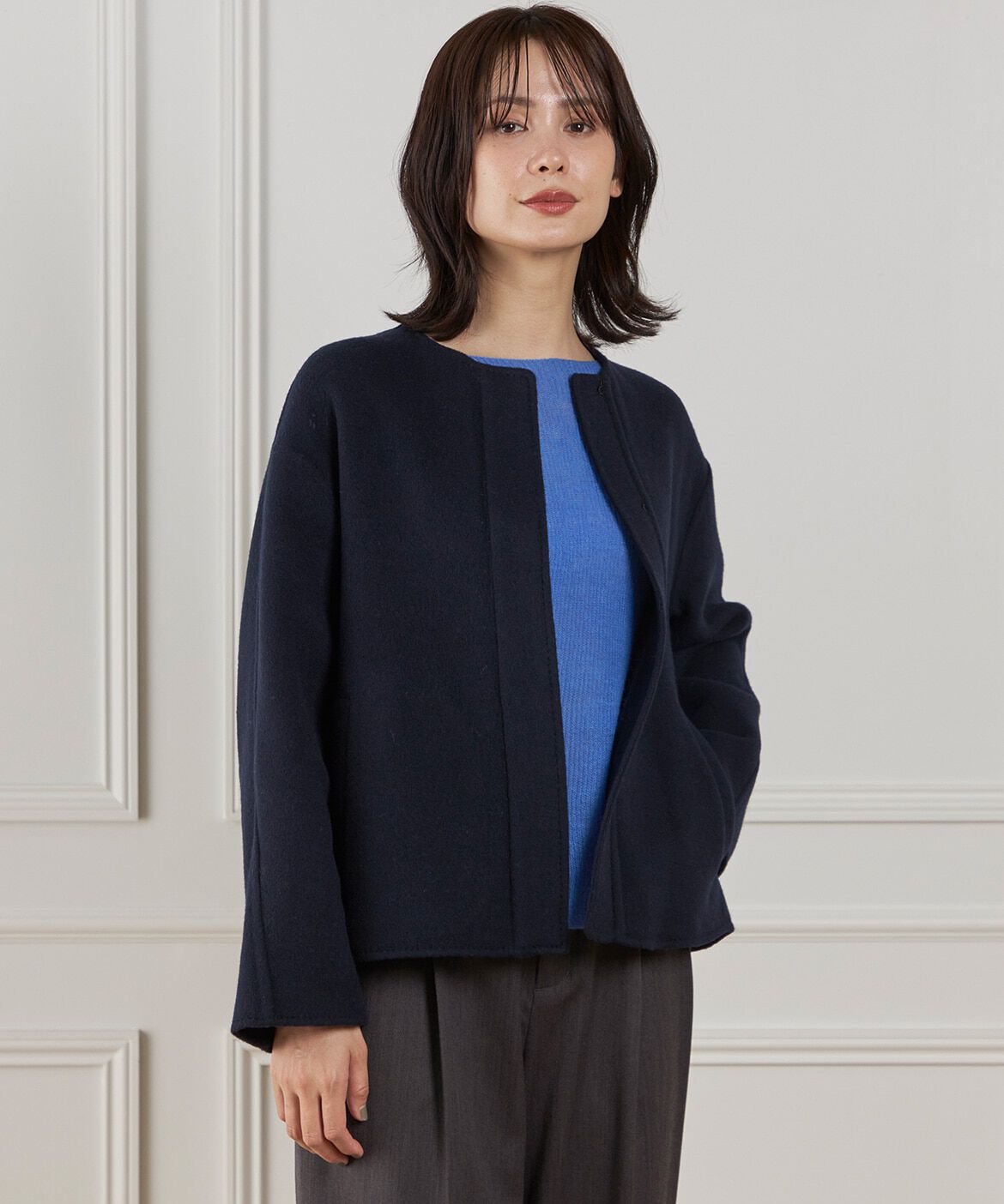 INED「《大きいサイズ》ノーカラーショートコート」|ピーコート|ネイビー