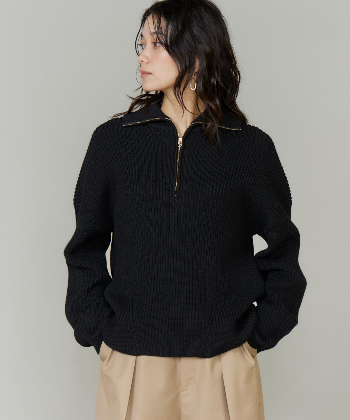 INED「《大きいサイズ》ハーフジッププルオーバーニット」|ニット・セーター|ブラック