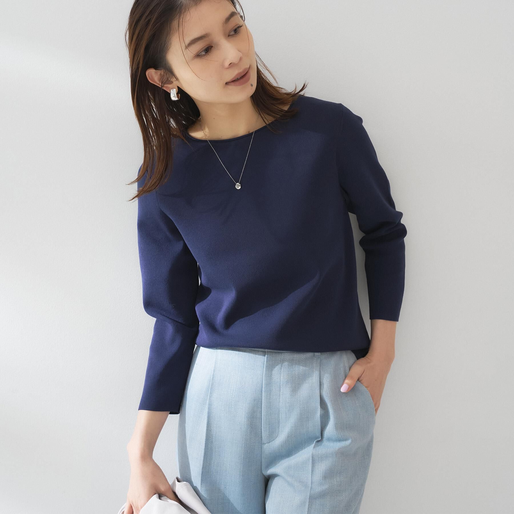 UNTITLED「【洗える/七分袖】ボートネックコットンプルオーバー」|ニット・セーター|