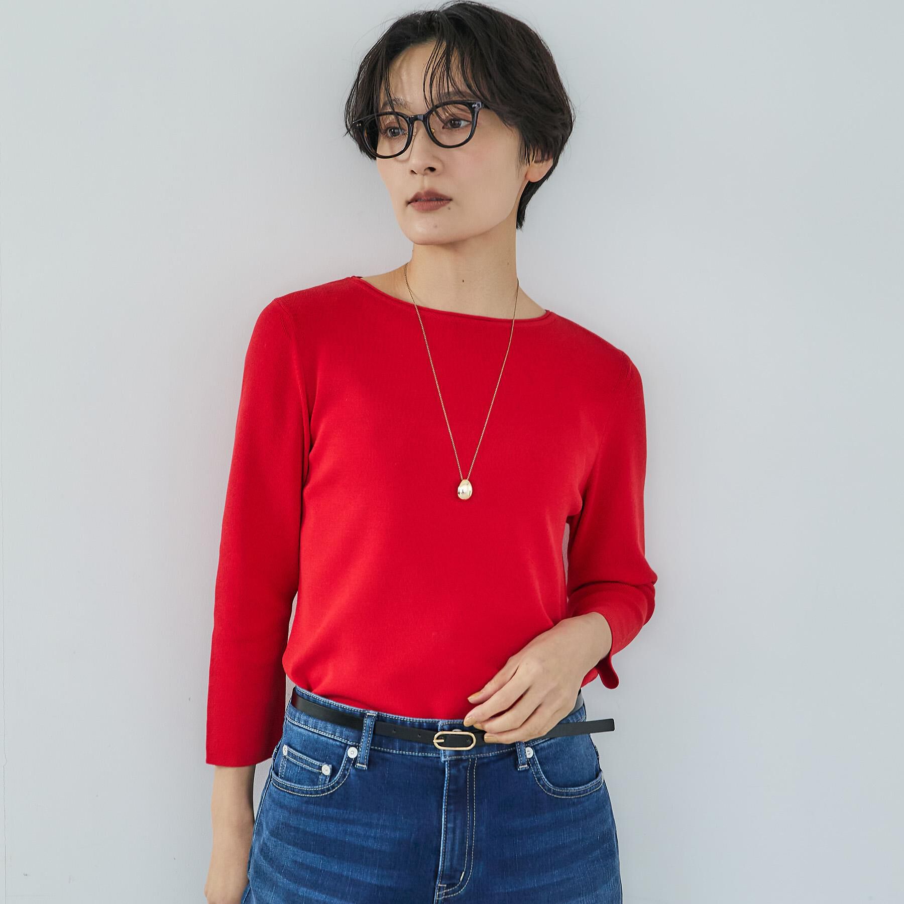 UNTITLED「【洗える/七分袖】ボートネックコットンプルオーバー」|ニット・セーター|