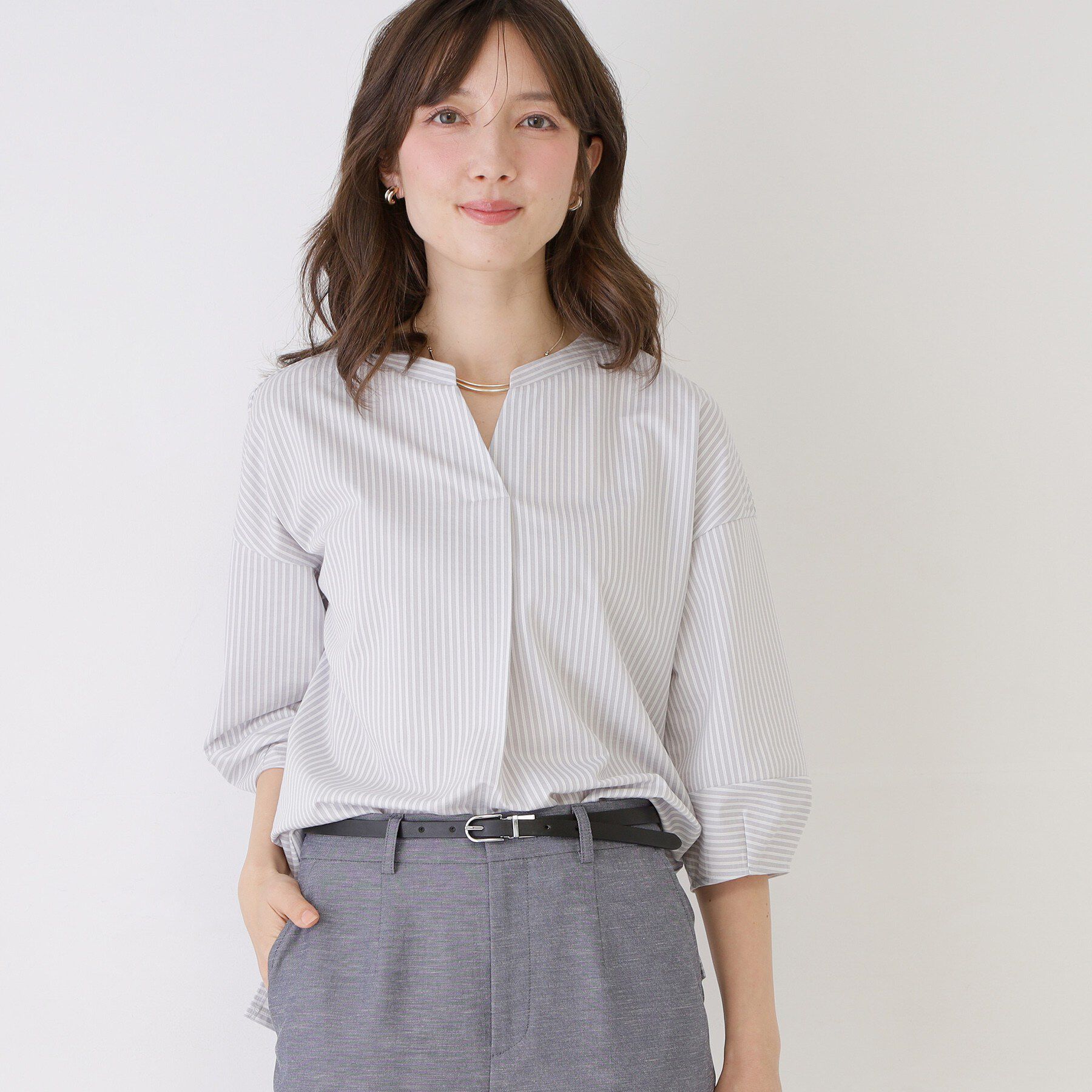 COUP DE CHANCE「【手洗い可／日本製】ストライプ柄ジャージートップス」|Tシャツ・カットソー|ライトグレー(311