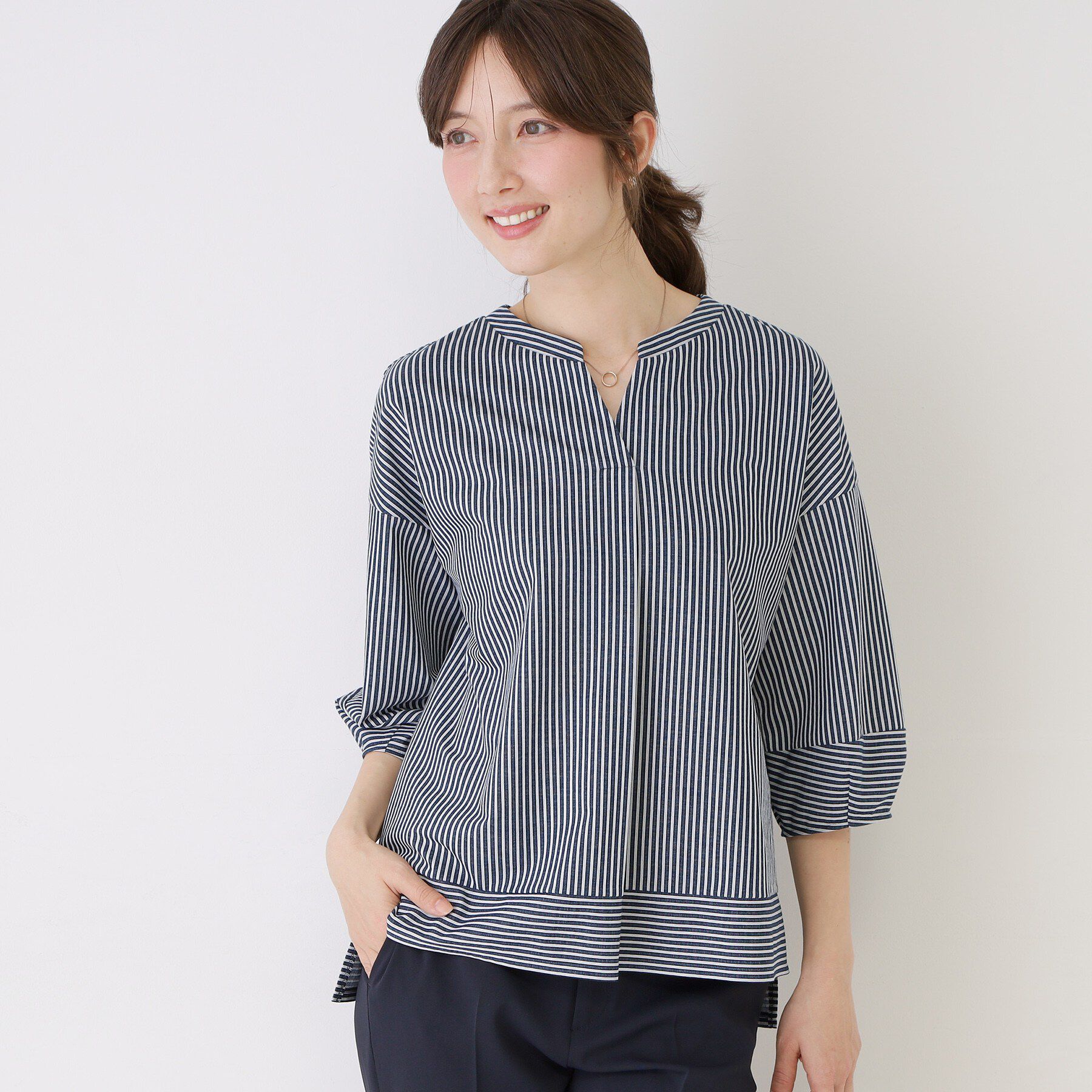 COUP DE CHANCE「【手洗い可／日本製】ストライプ柄ジャージートップス」|Tシャツ・カットソー|ネイビー(394)