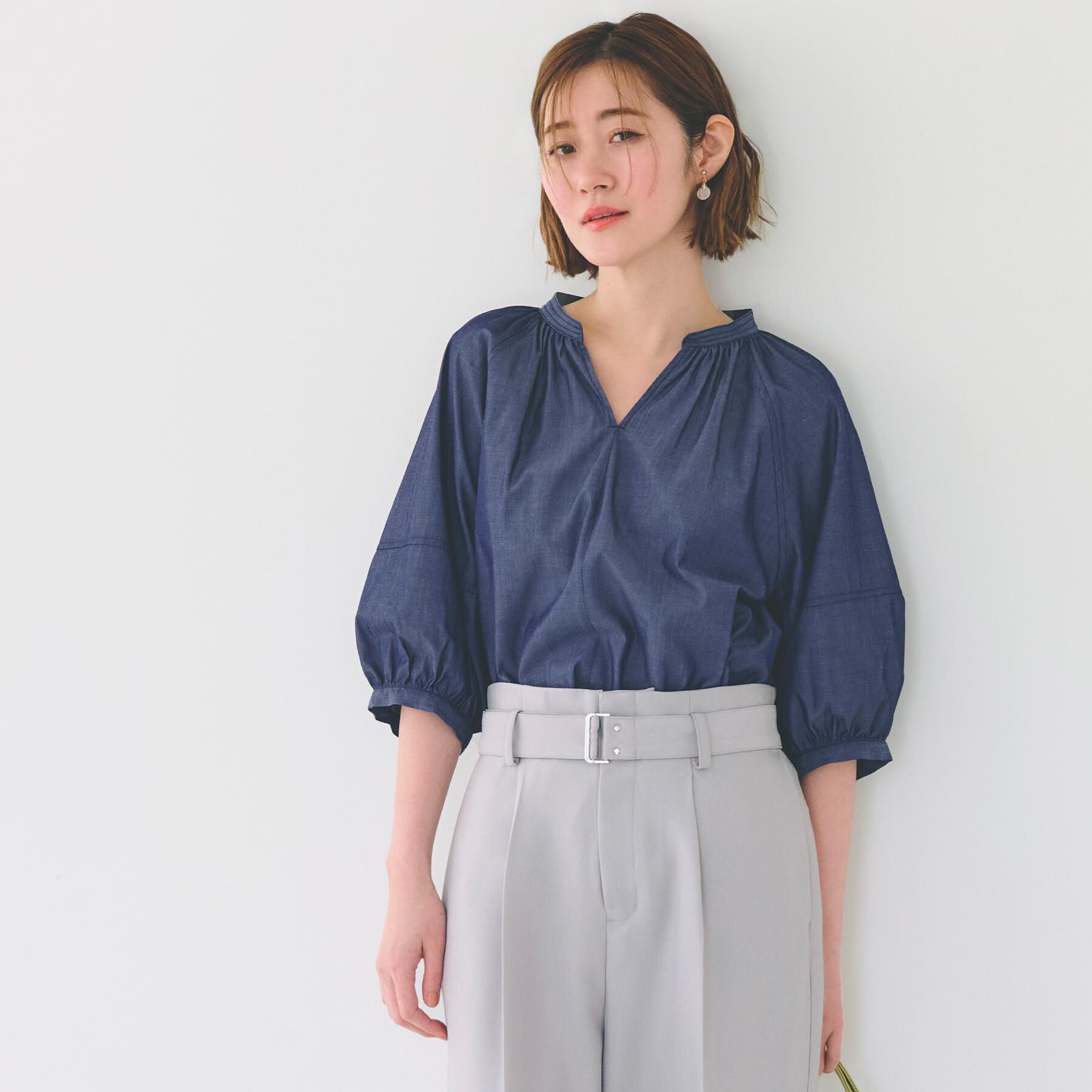 grove「【夏に嬉しい機能付き】ランタンスリーブシャツブラウス」|シャツ・ブラウス|ネイビー(094)