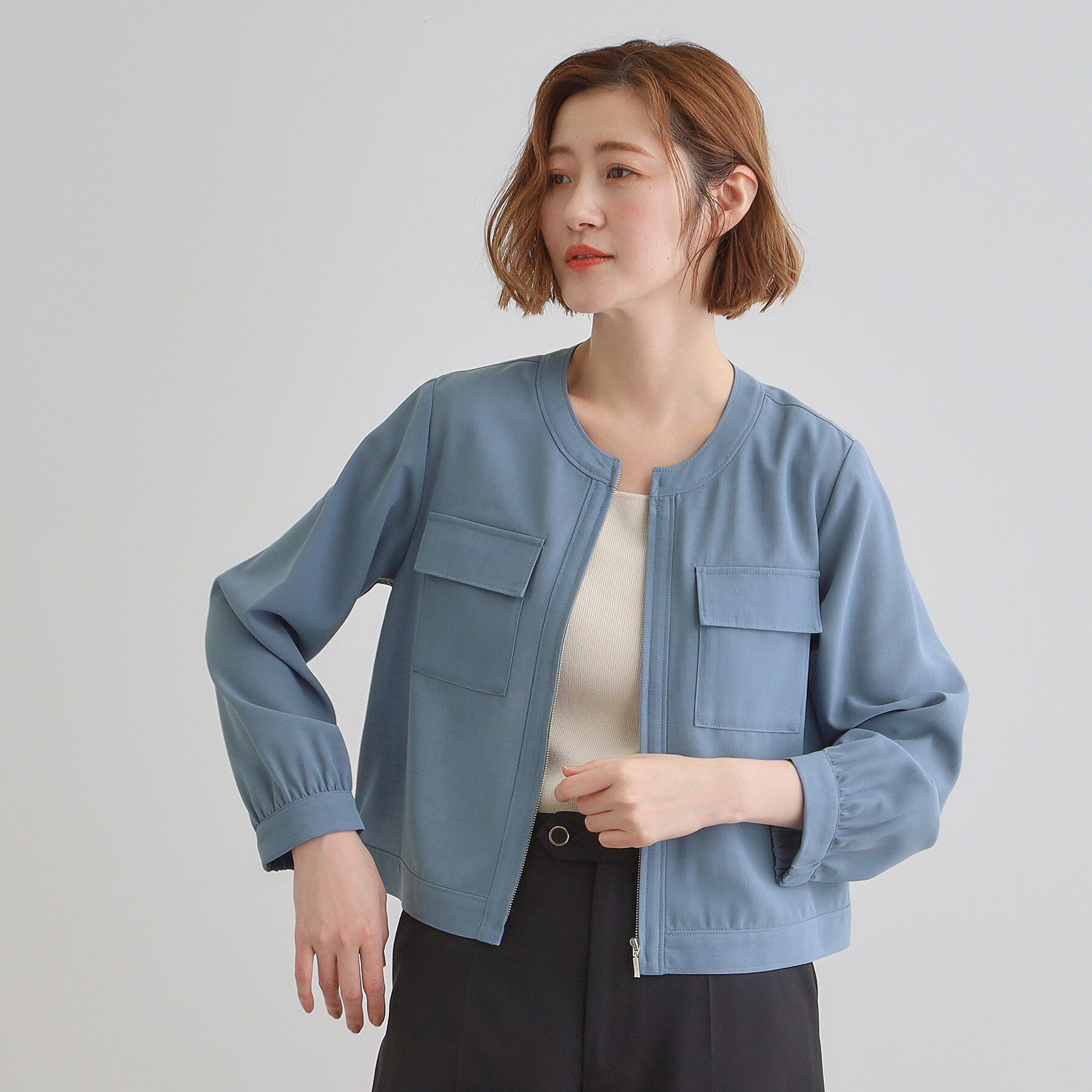 grove「麻調ノーカラーシアーブルゾン」|ブルゾン・スタジャン|