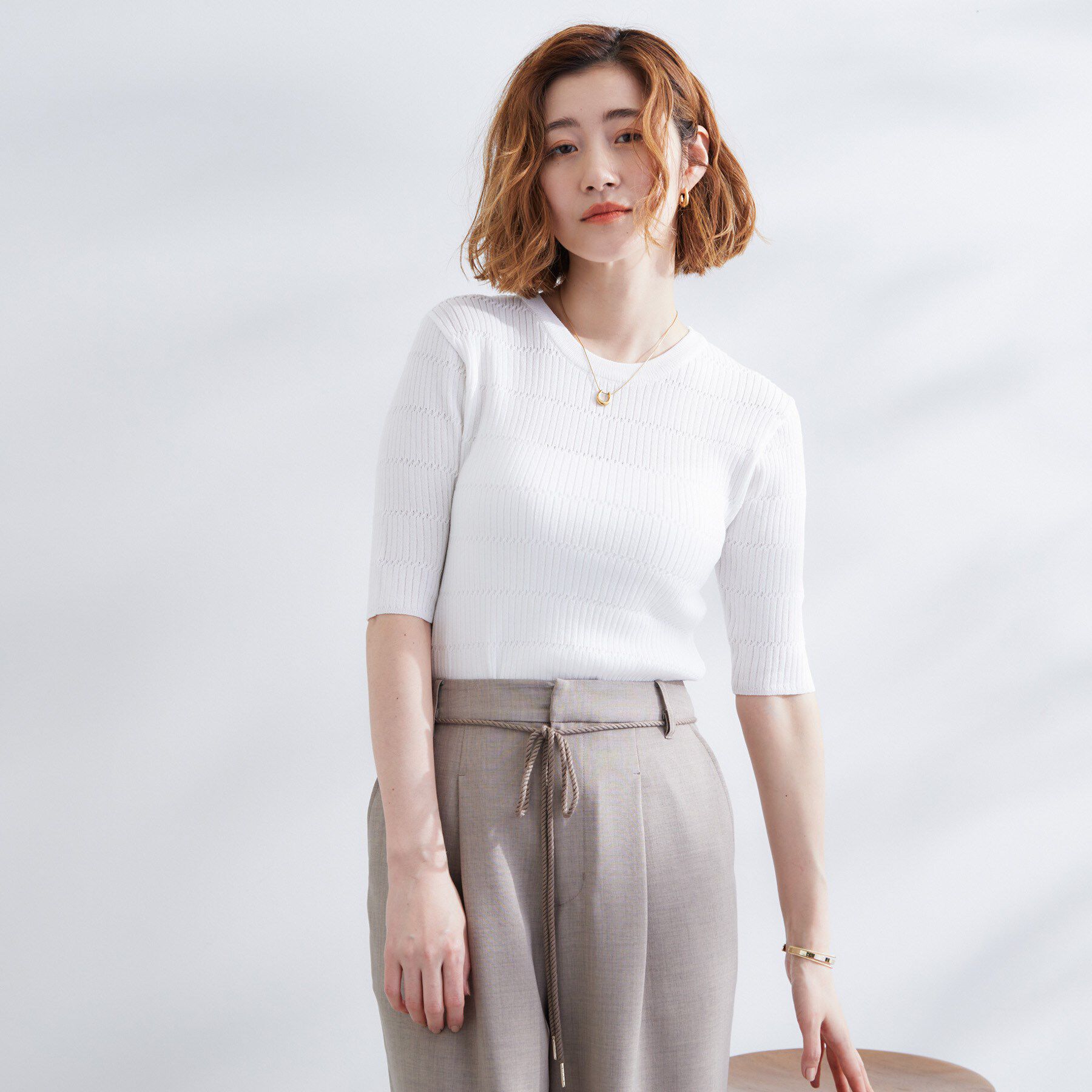 grove「地柄ボーダーリブニットプルオーバー」|ニット・セーター|オフホワイト(003