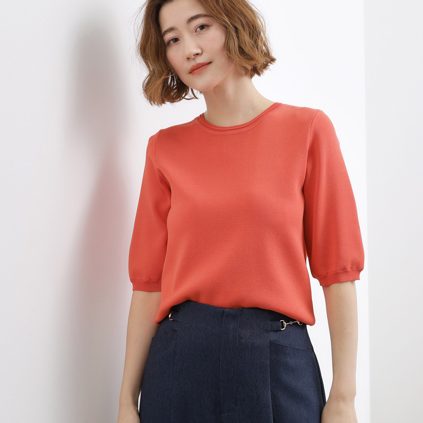 grove「【貴島明日香さん着用・シリーズ累計34万枚】やわらかドライタッチ 五分袖クルーネックニット」|ニット・セーター|