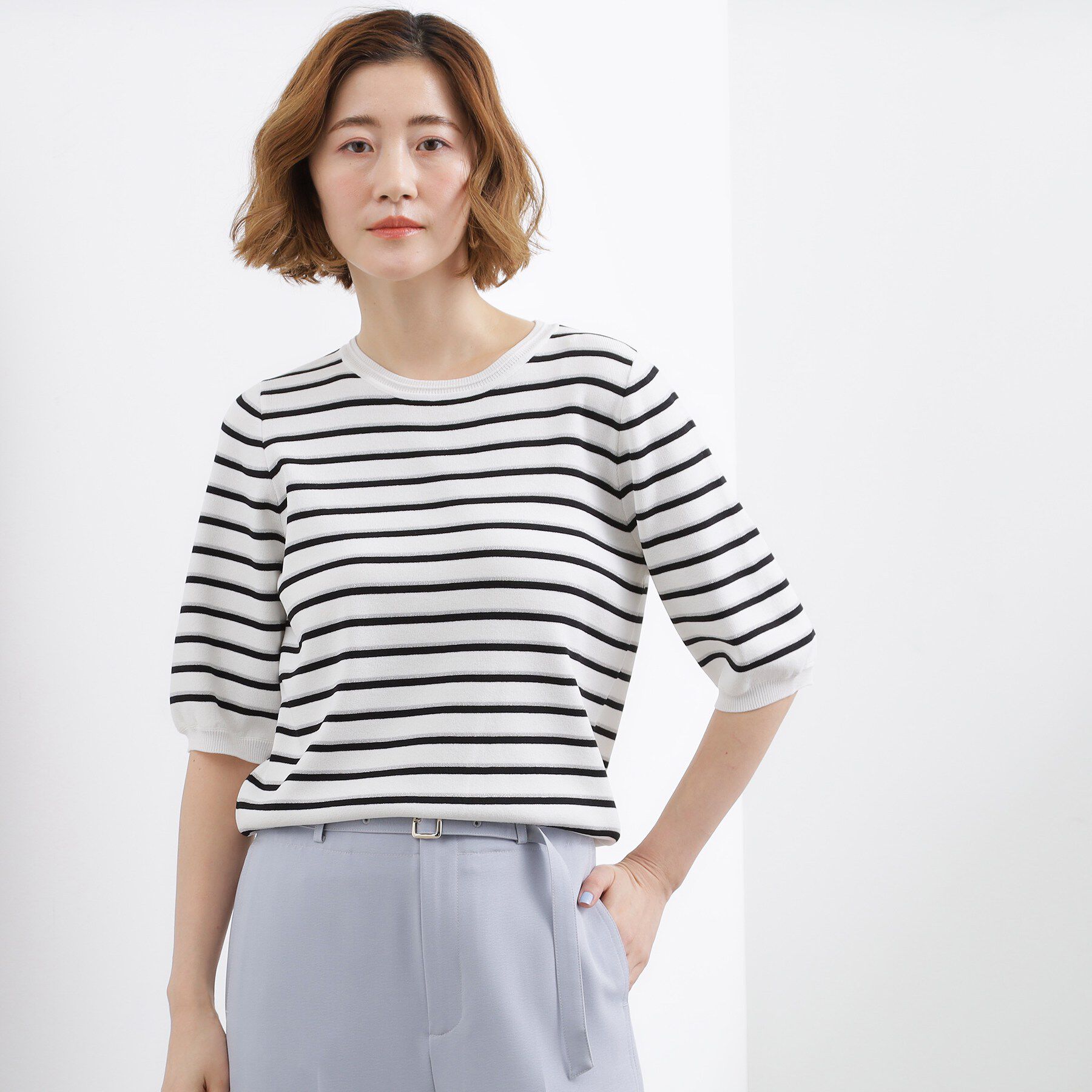 grove「【貴島明日香さん着用・シリーズ累計34万枚】やわらかドライタッチ 五分袖クルーネックニット」|ニット・セーター|