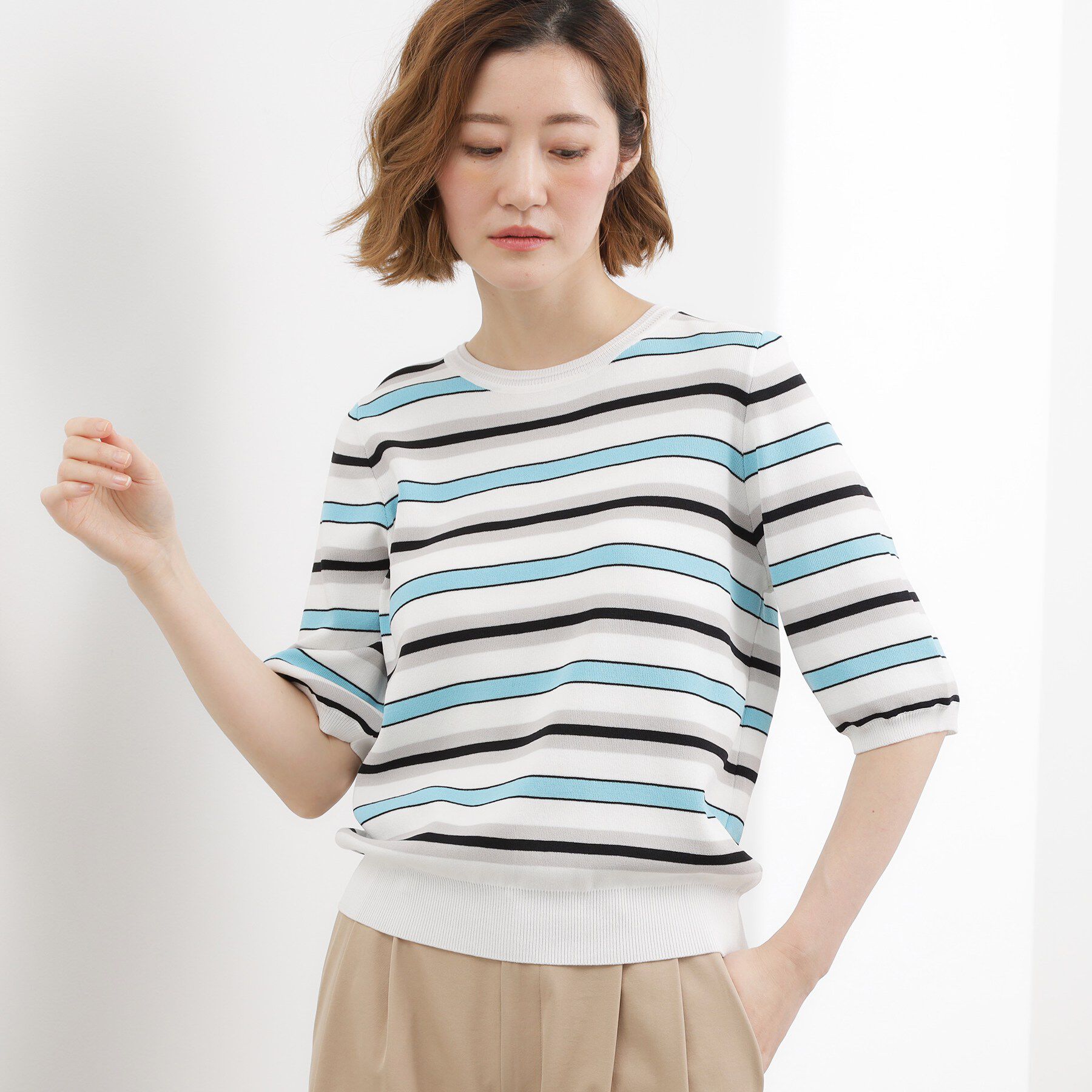 grove「【貴島明日香さん着用・シリーズ累計34万枚】やわらかドライタッチ 五分袖クルーネックニット」|ニット・セーター|