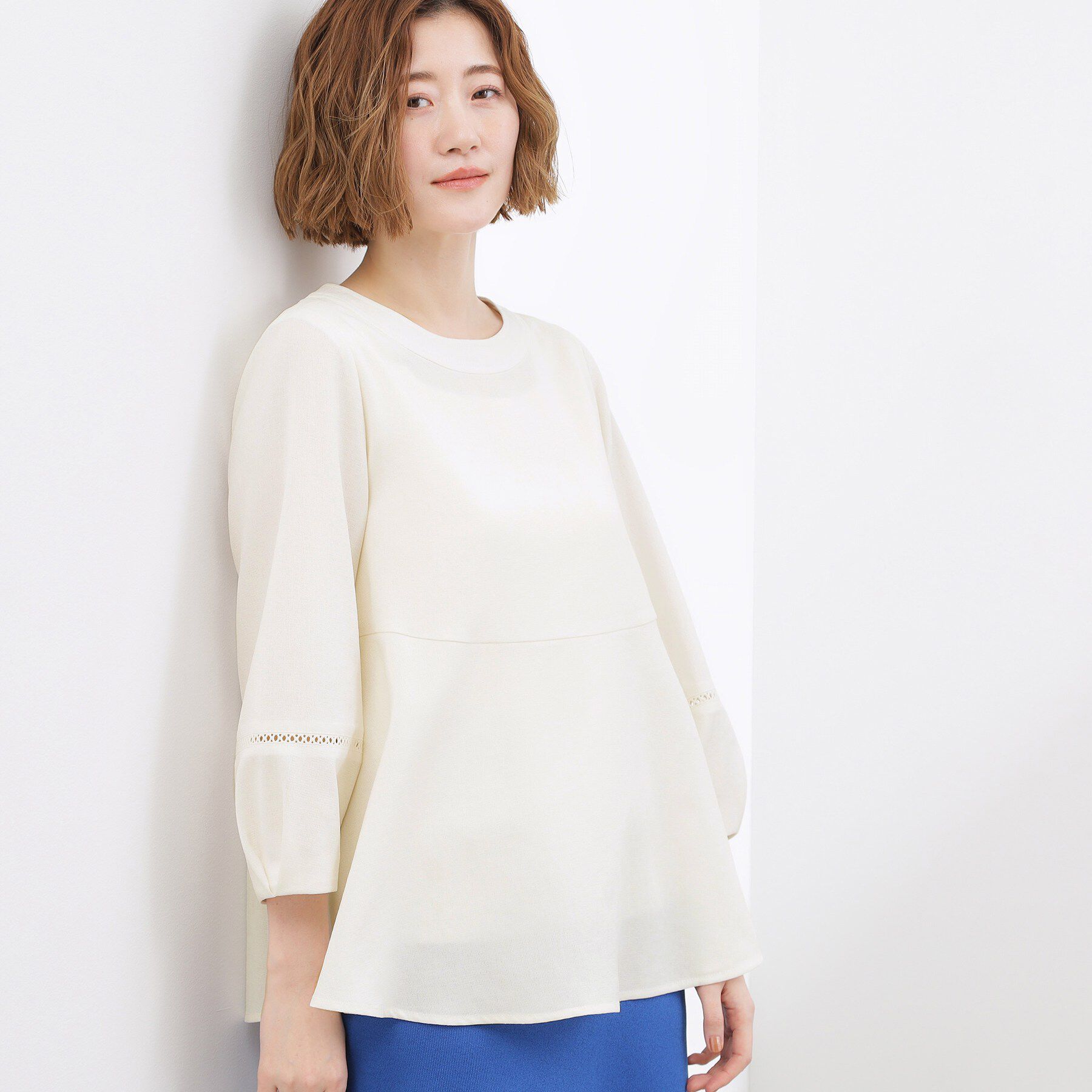 grove「【体型カバーも叶う】麻調メッシュランタンスリーブブラウス」|シャツ・ブラウス|