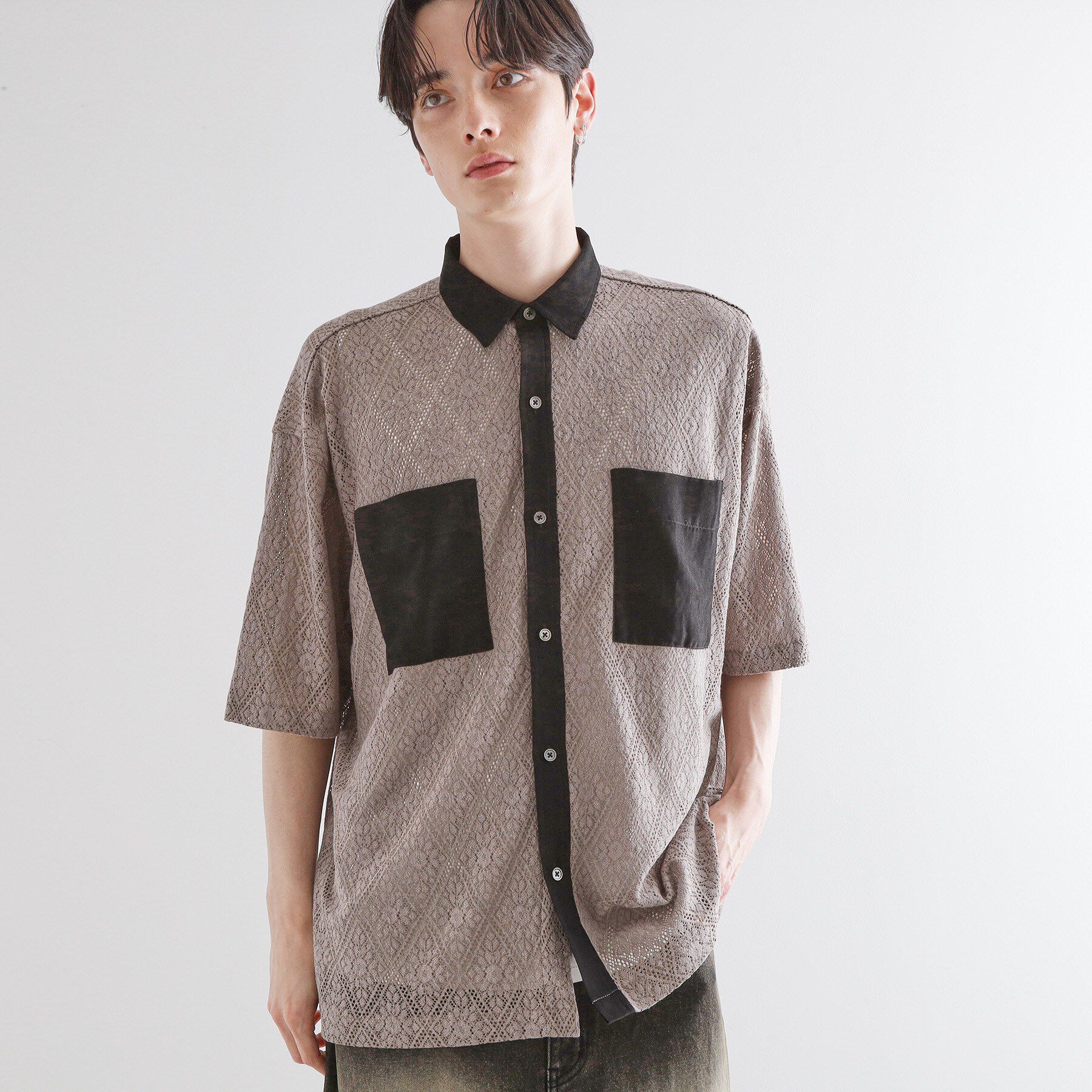 tk.TAKEO KIKUCHI「サマースエードコンビレースシャツ」|シャツ・ブラウス|ベージュ(052)
