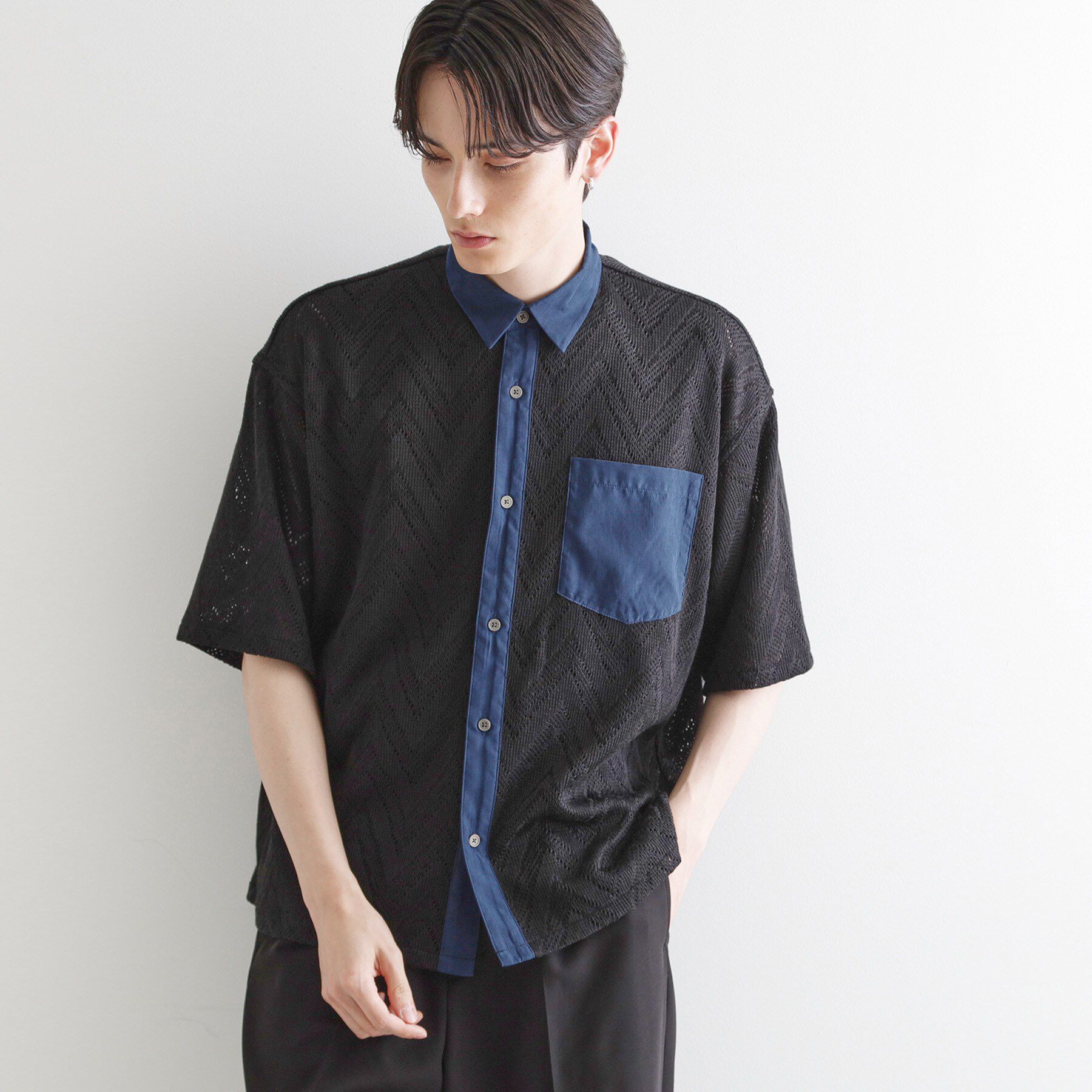 tk.TAKEO KIKUCHI「ダブルレース5分袖シャツ」|シャツ・ブラウス|ブラック(019)