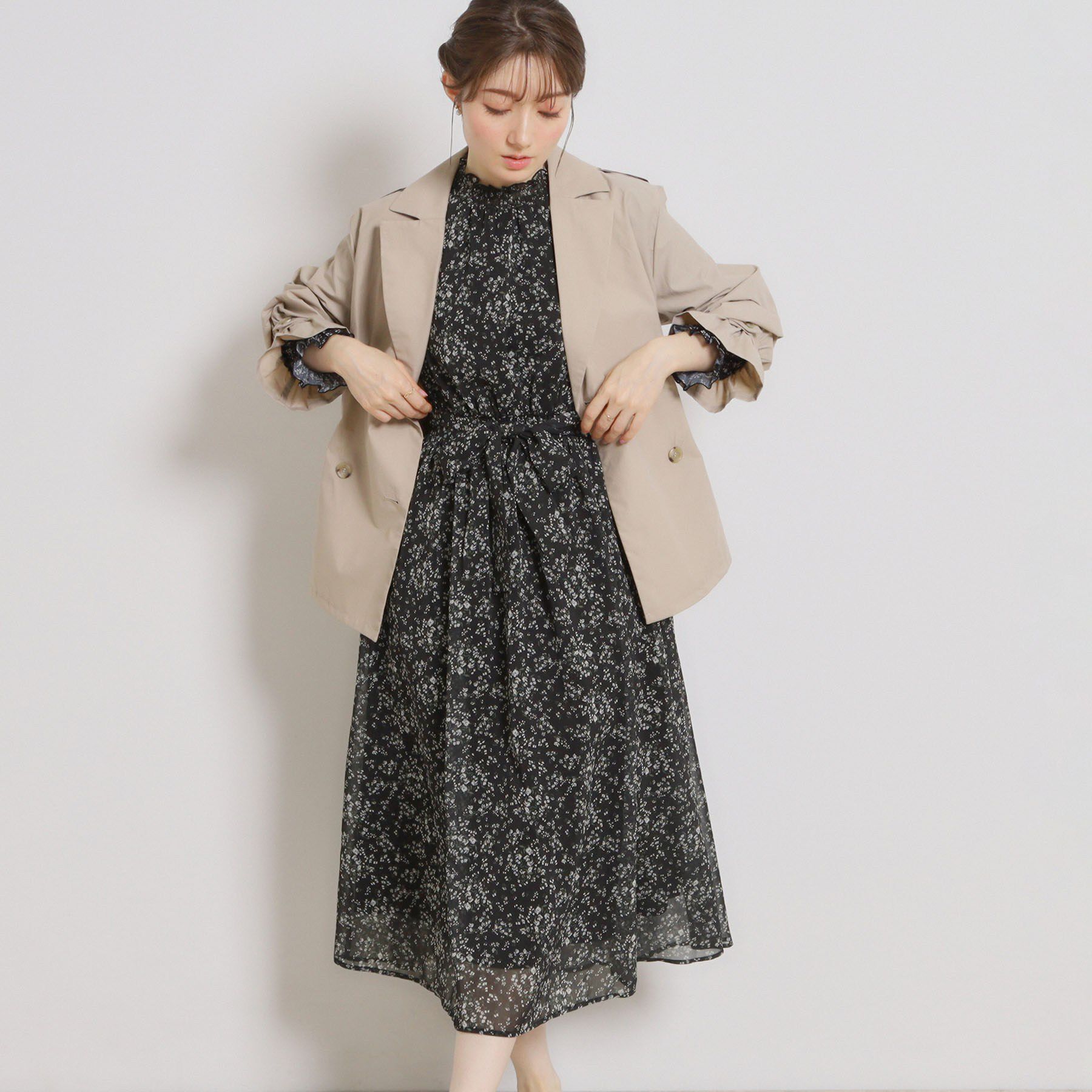 Couture broach「【洗える・着映え】楊柳小花シャーリングワンピース」|ワンピース|