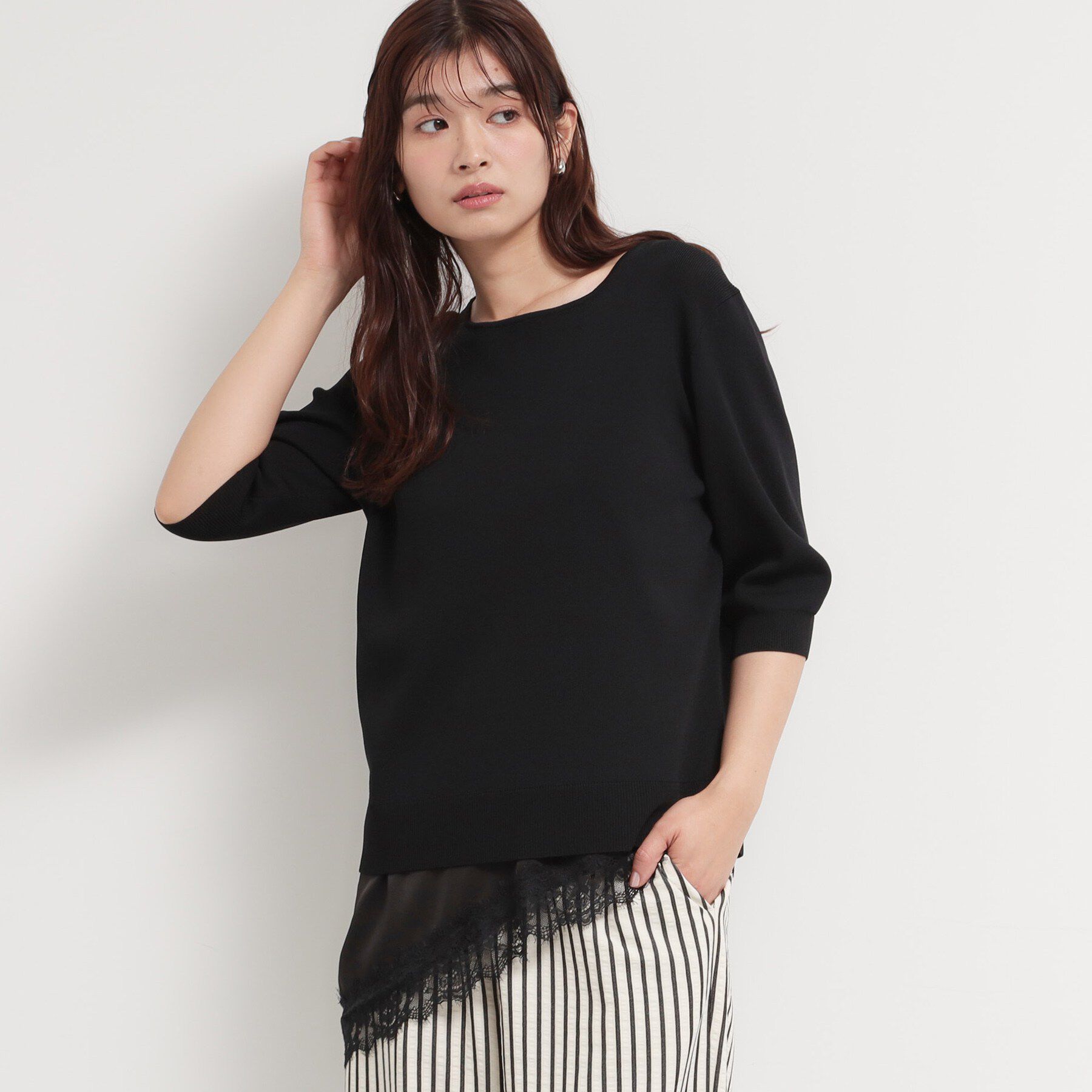 THE SHOP TK「【ひんやりタッチ】多機能6分袖プルオーバー 洗濯機OK/UVケア/毛玉になりにくい」|ニット・セーター|ブラック(019)