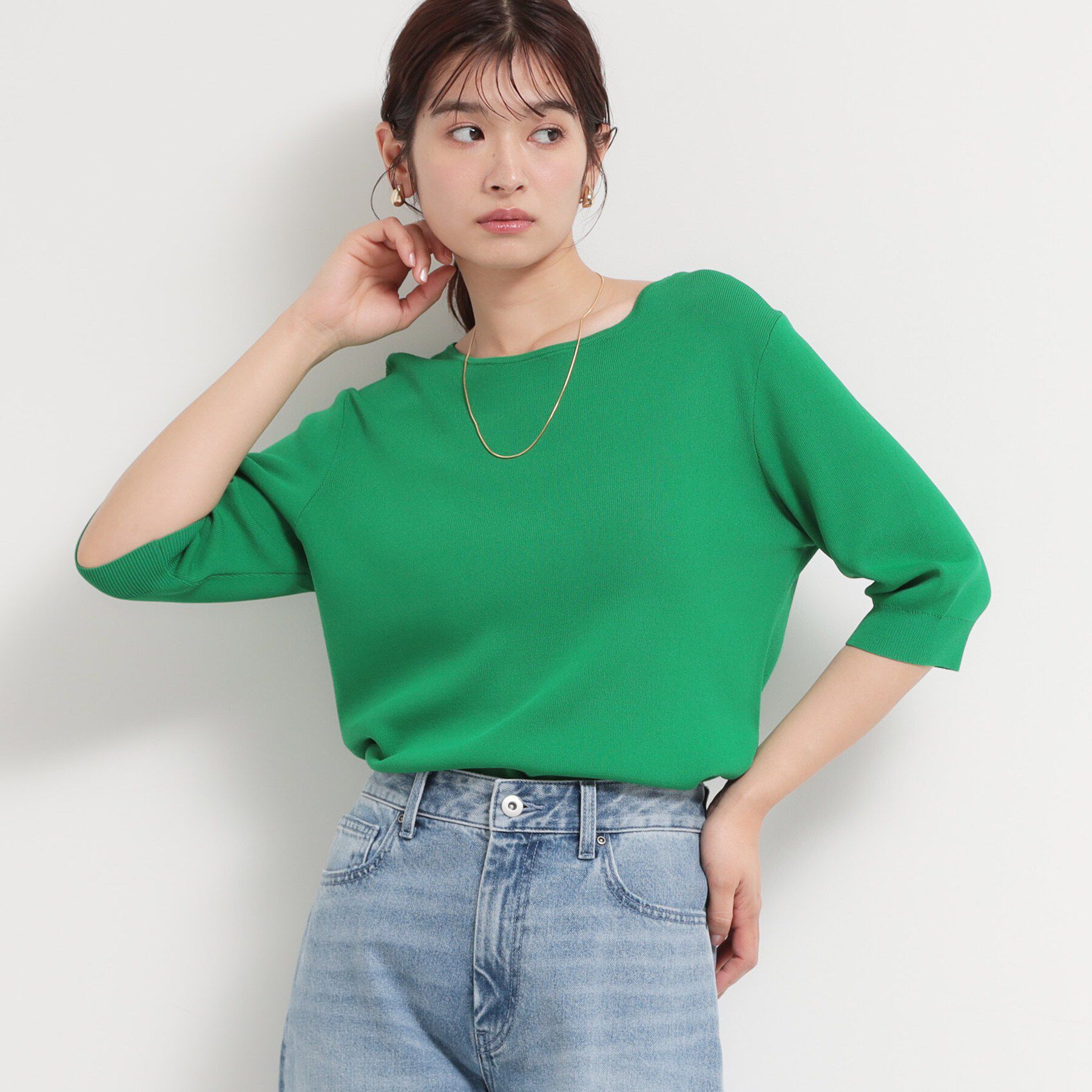 THE SHOP TK「【ひんやりタッチ】多機能6分袖プルオーバー 洗濯機OK/UVケア/毛玉になりにくい」|ニット・セーター|グリーン(022)