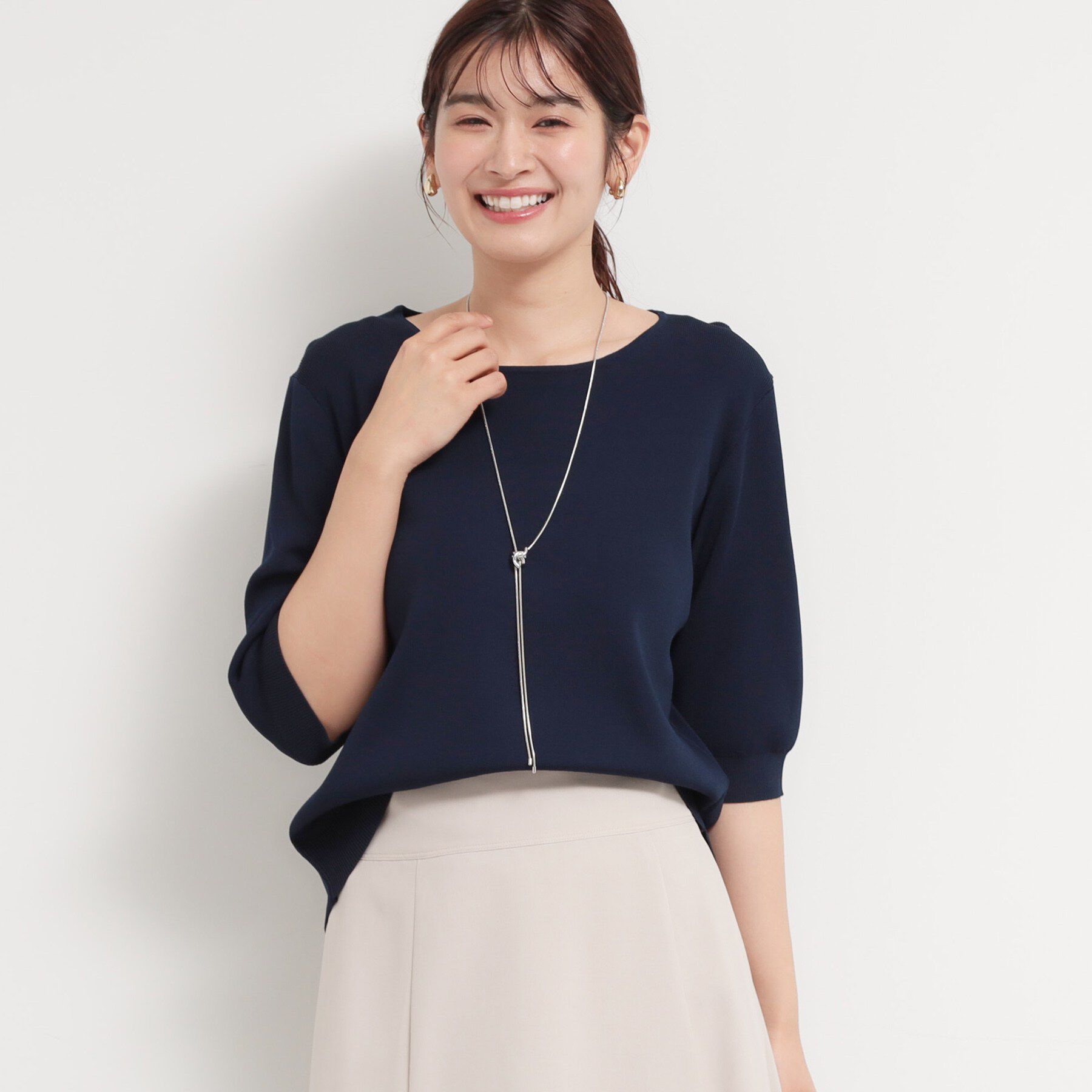 THE SHOP TK「【ひんやりタッチ】多機能6分袖プルオーバー 洗濯機OK/UVケア/毛玉になりにくい」|ニット・セーター|ネイビー(994)