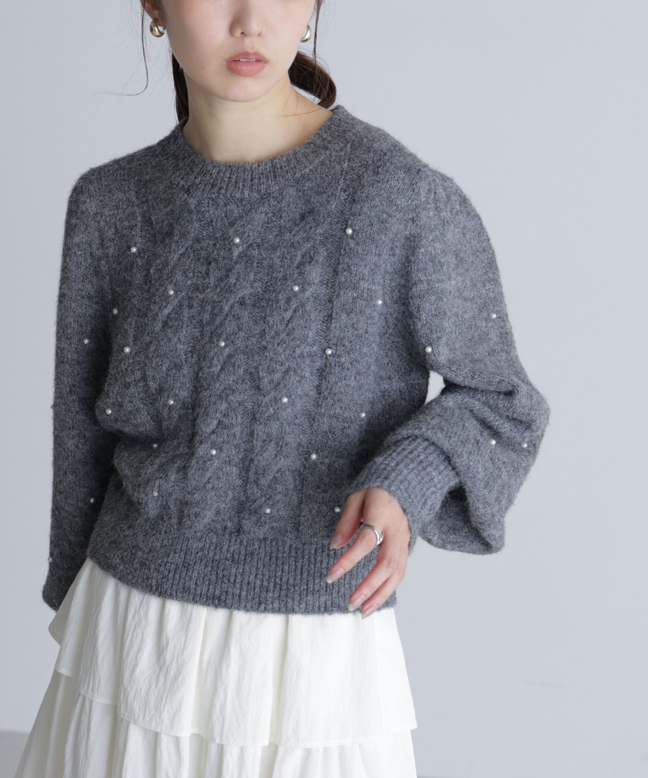  「パール付きケーブルショート丈ニット」|ニット・セーター|