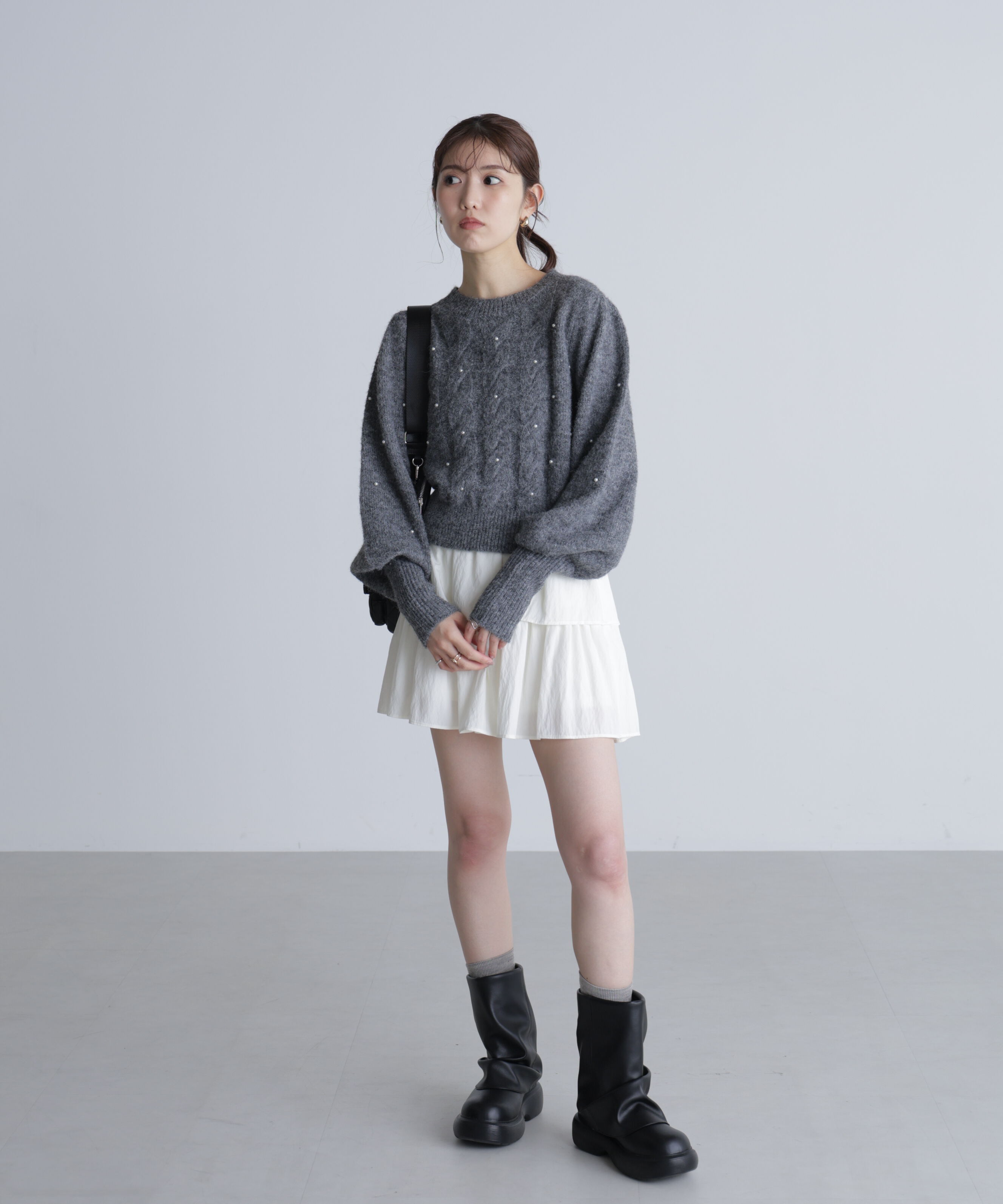  「パール付きケーブルショート丈ニット」|ニット・セーター|