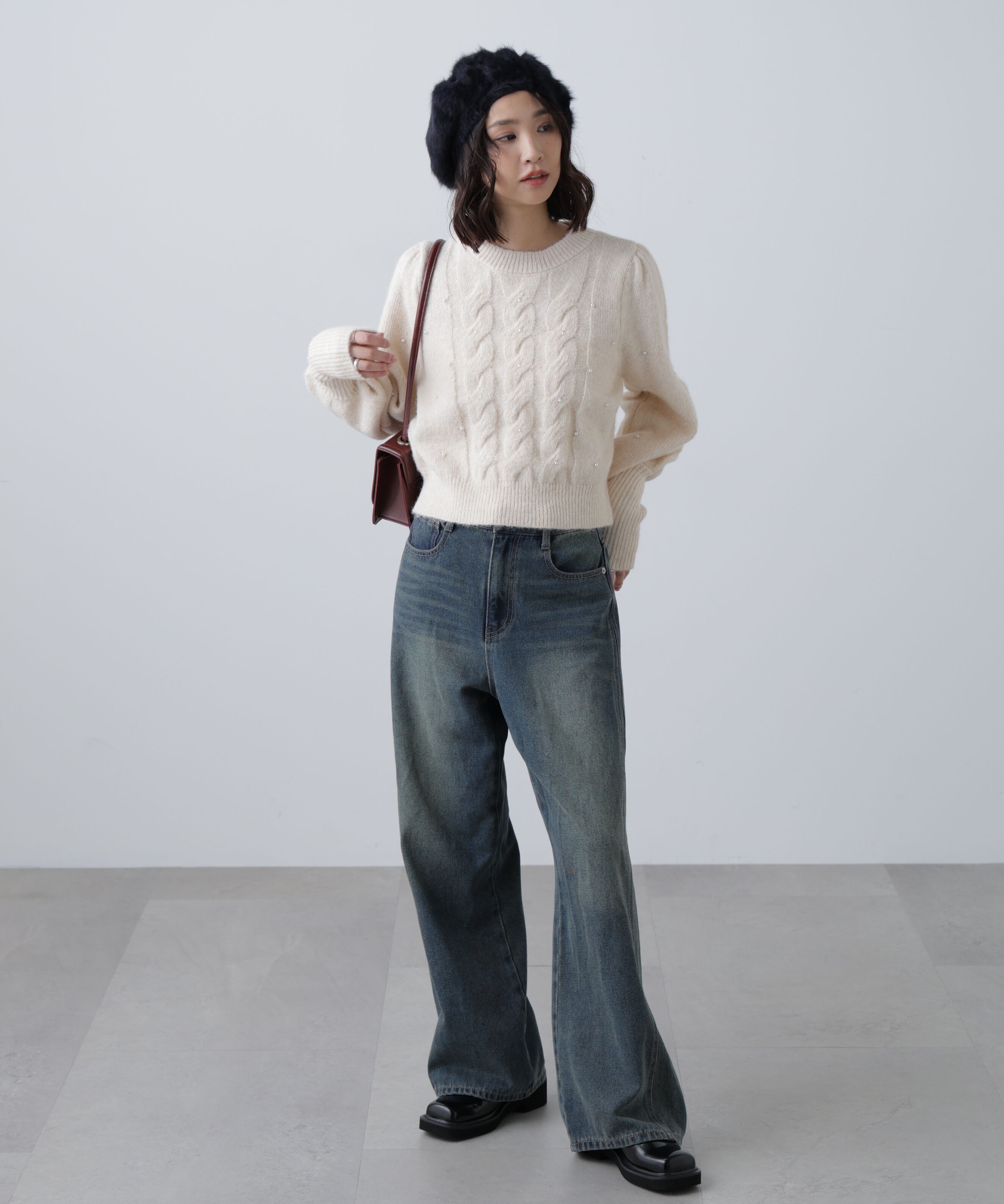  「パール付きケーブルショート丈ニット」|ニット・セーター|