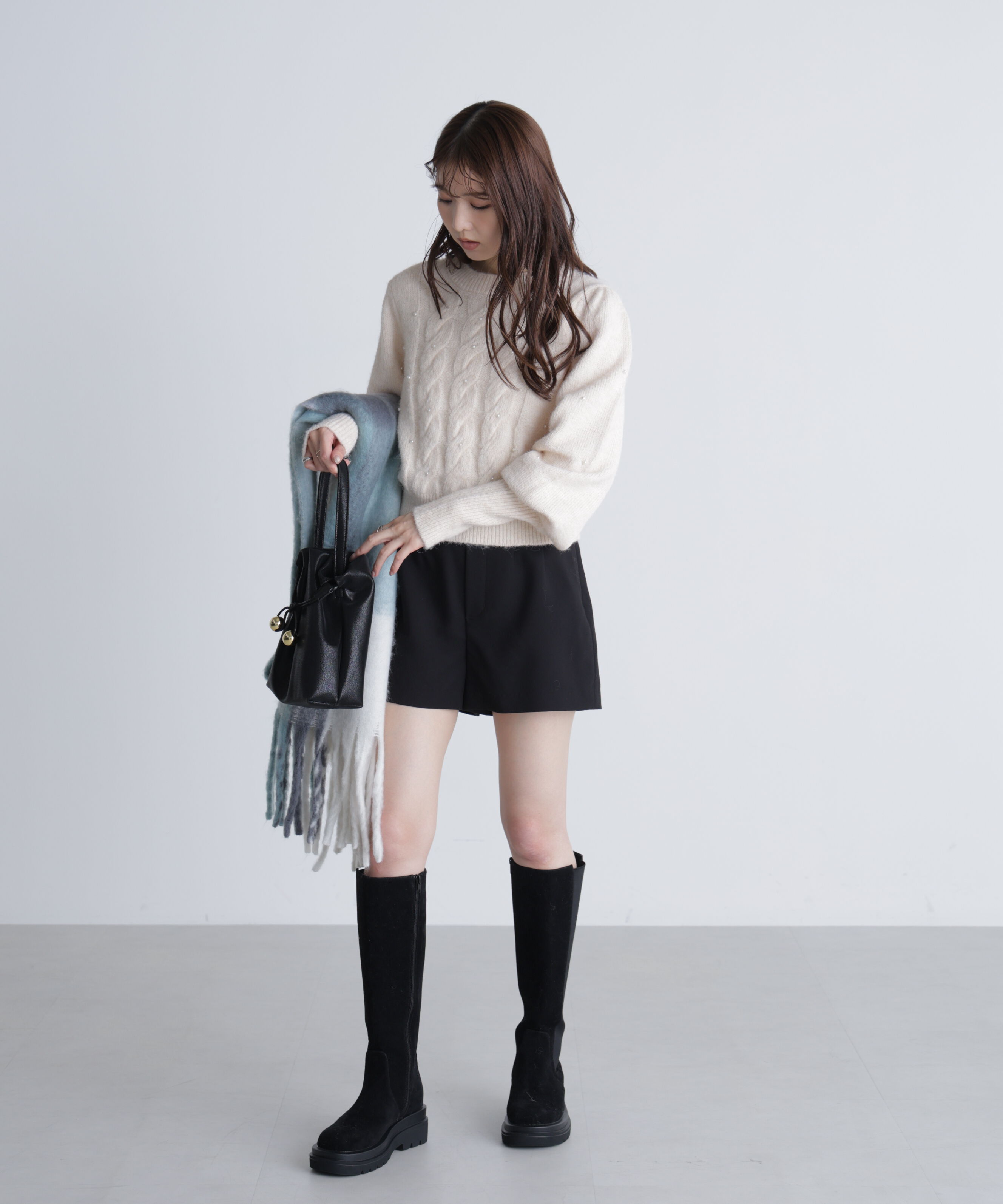  「パール付きケーブルショート丈ニット」|ニット・セーター|