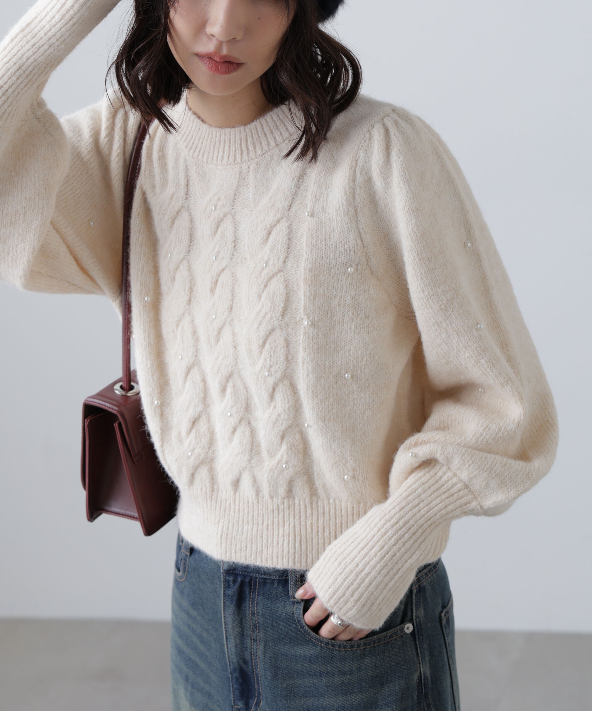  「パール付きケーブルショート丈ニット」|ニット・セーター|