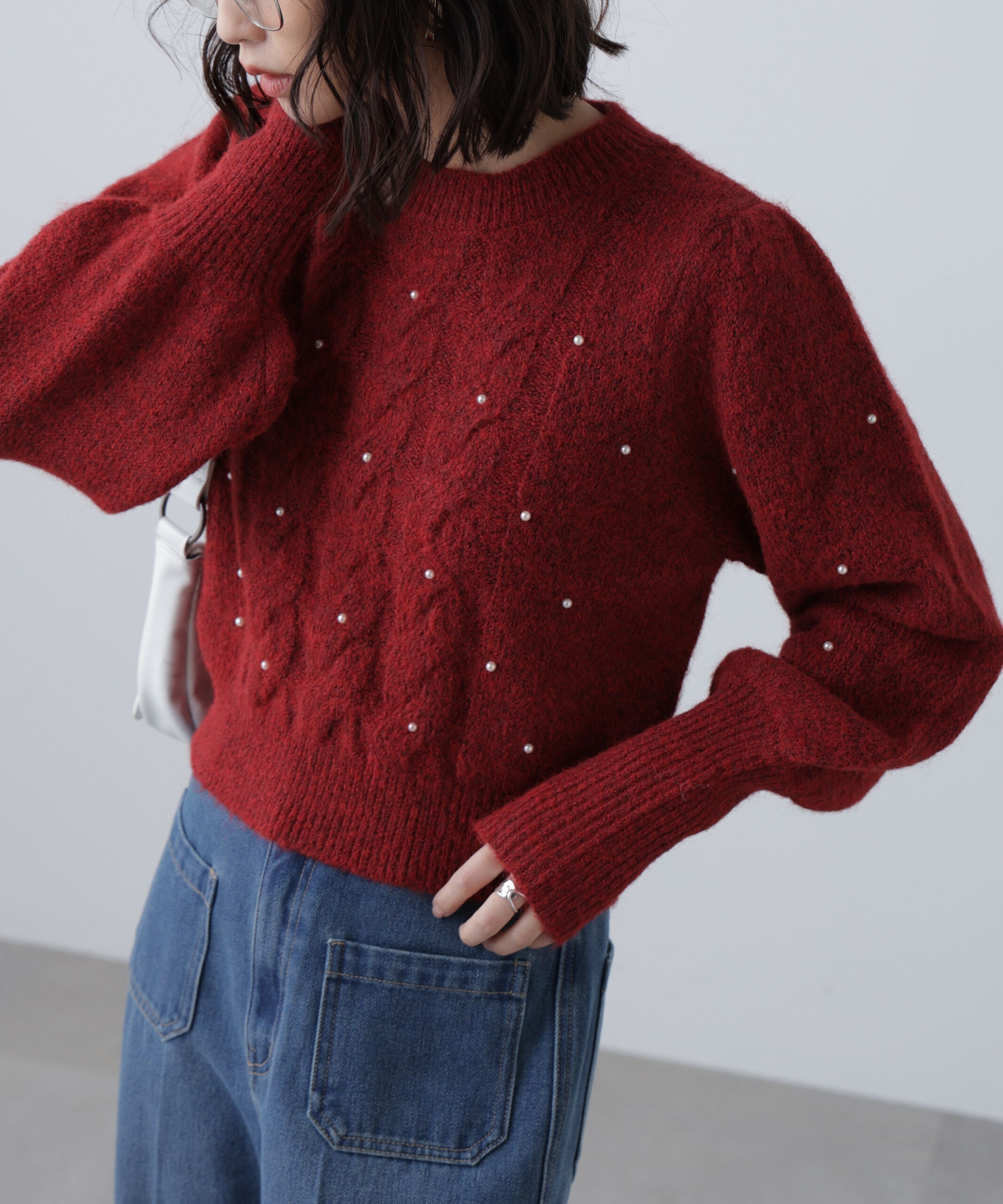  「パール付きケーブルショート丈ニット」|ニット・セーター|