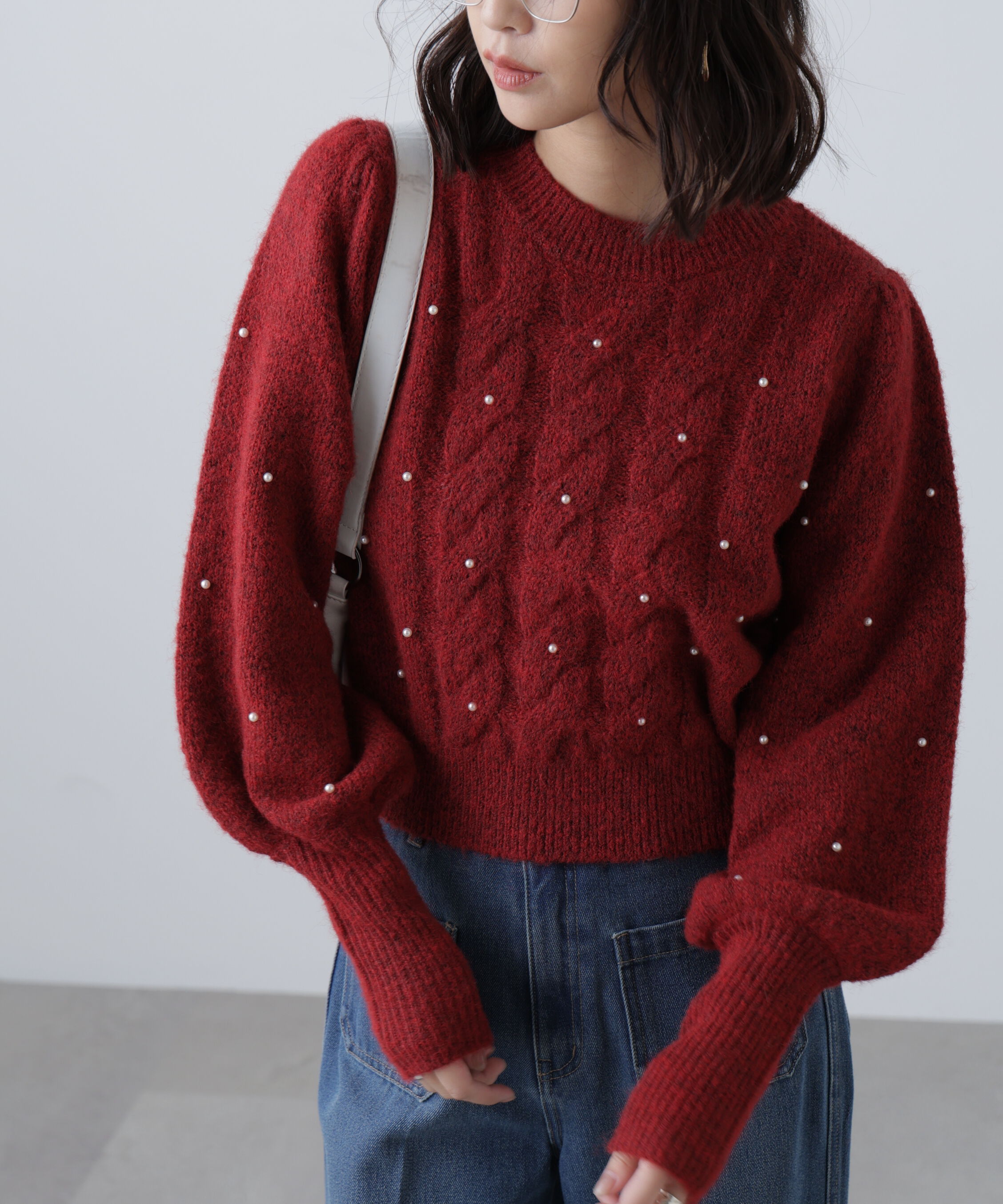  「パール付きケーブルショート丈ニット」|ニット・セーター|