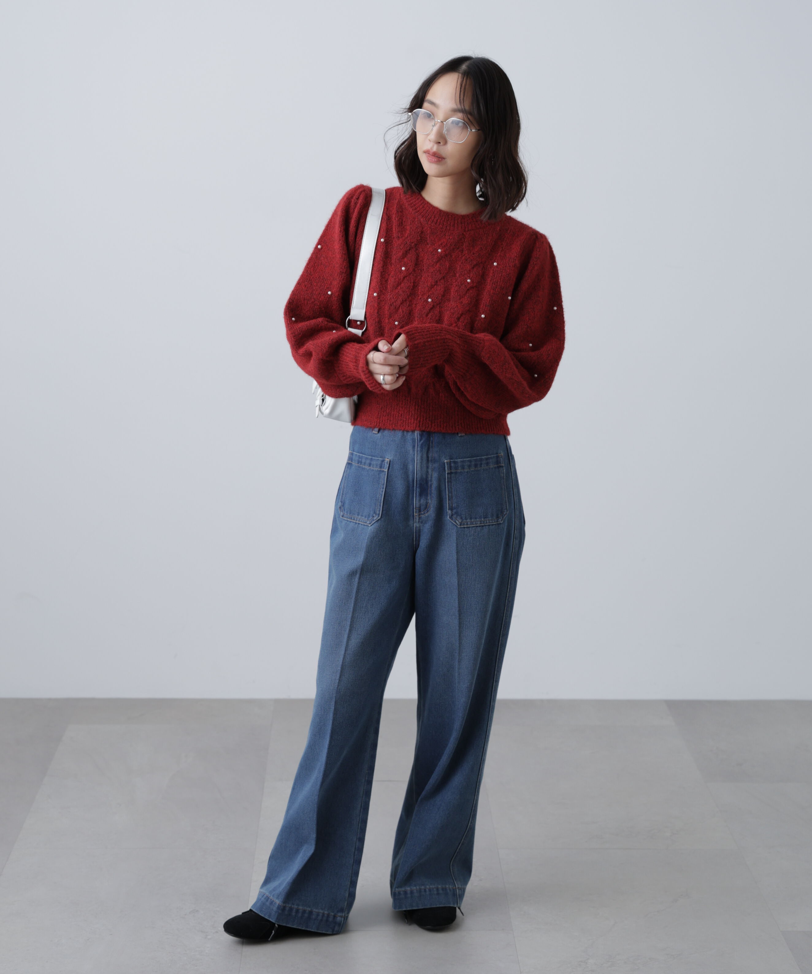  「パール付きケーブルショート丈ニット」|ニット・セーター|