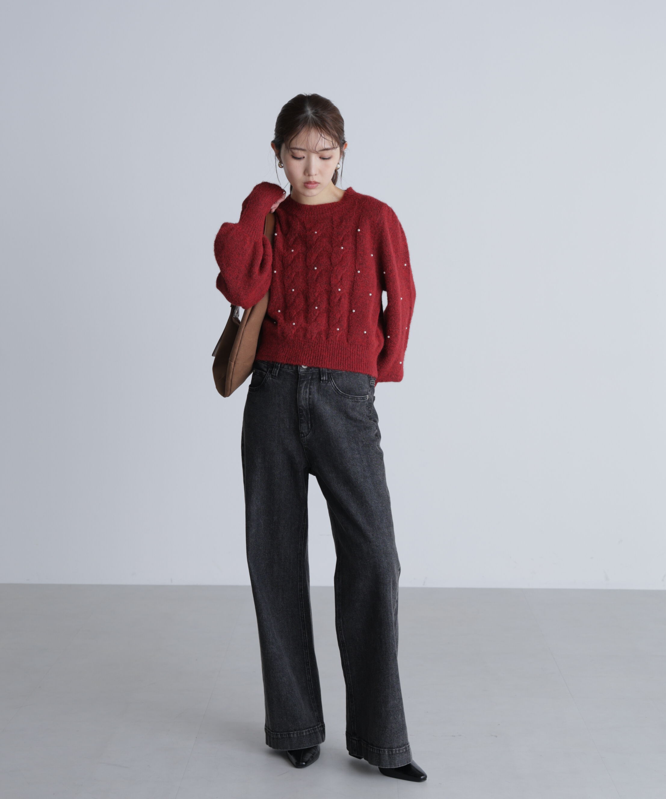  「パール付きケーブルショート丈ニット」|ニット・セーター|