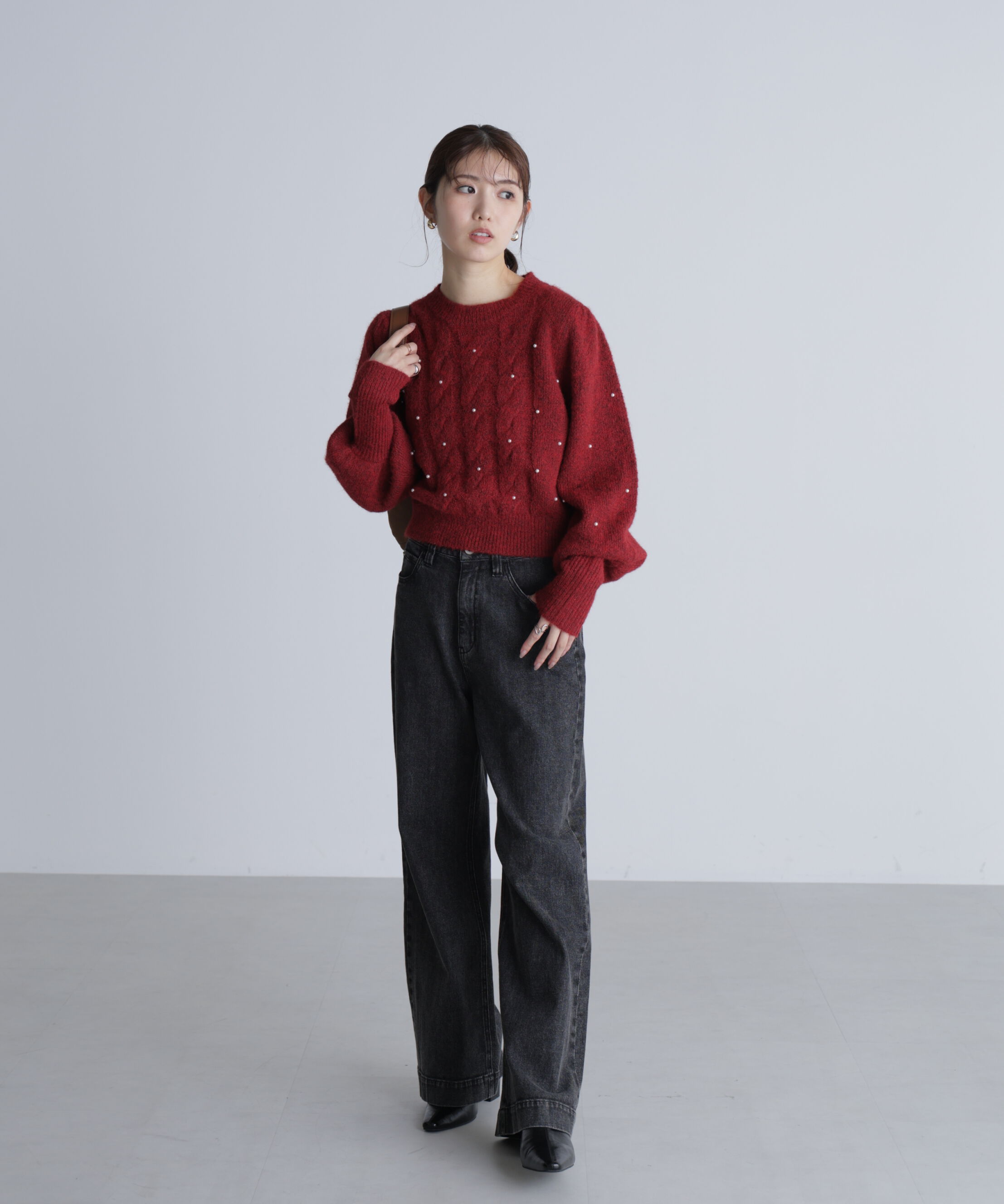  「パール付きケーブルショート丈ニット」|ニット・セーター|