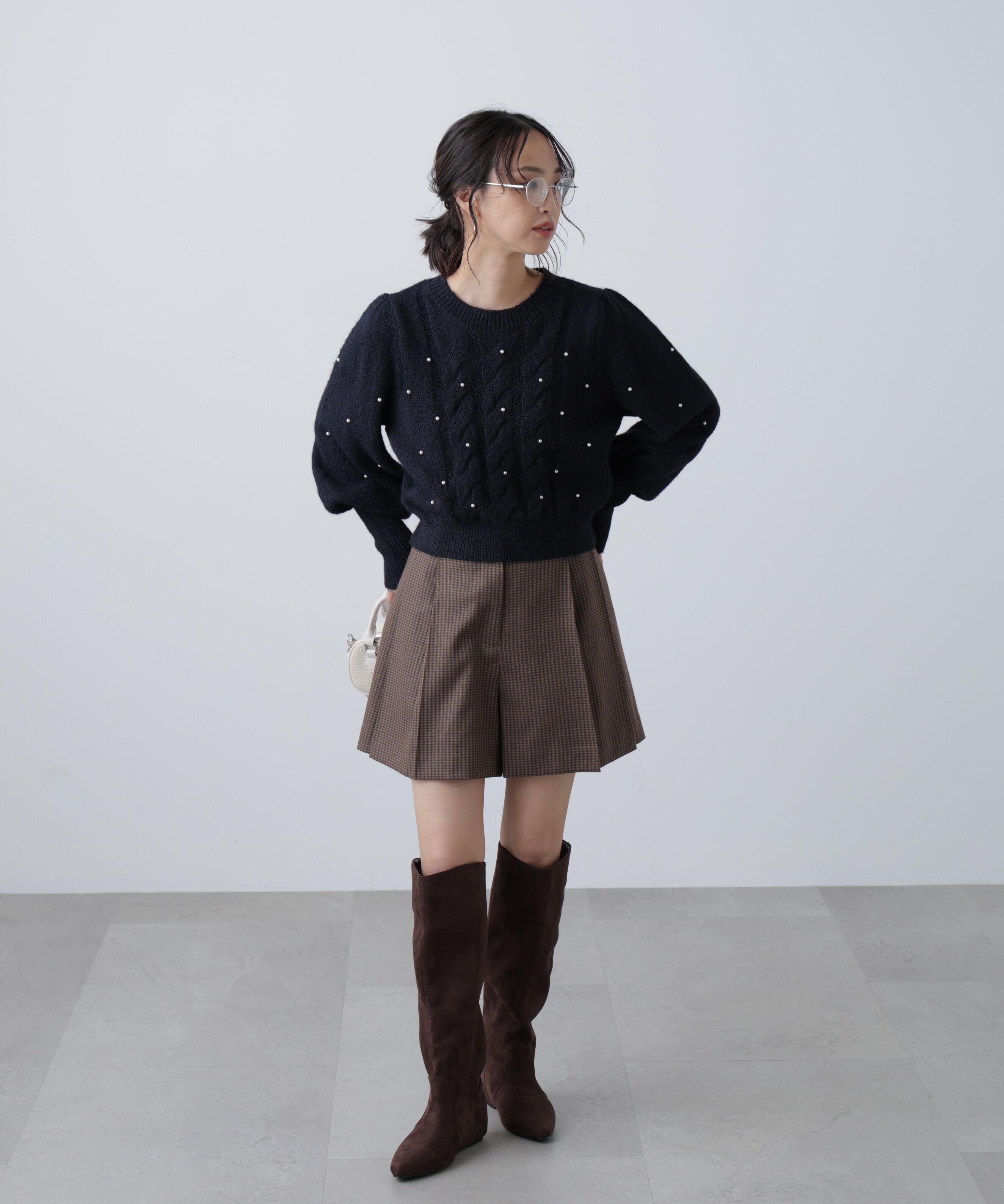  「パール付きケーブルショート丈ニット」|ニット・セーター|