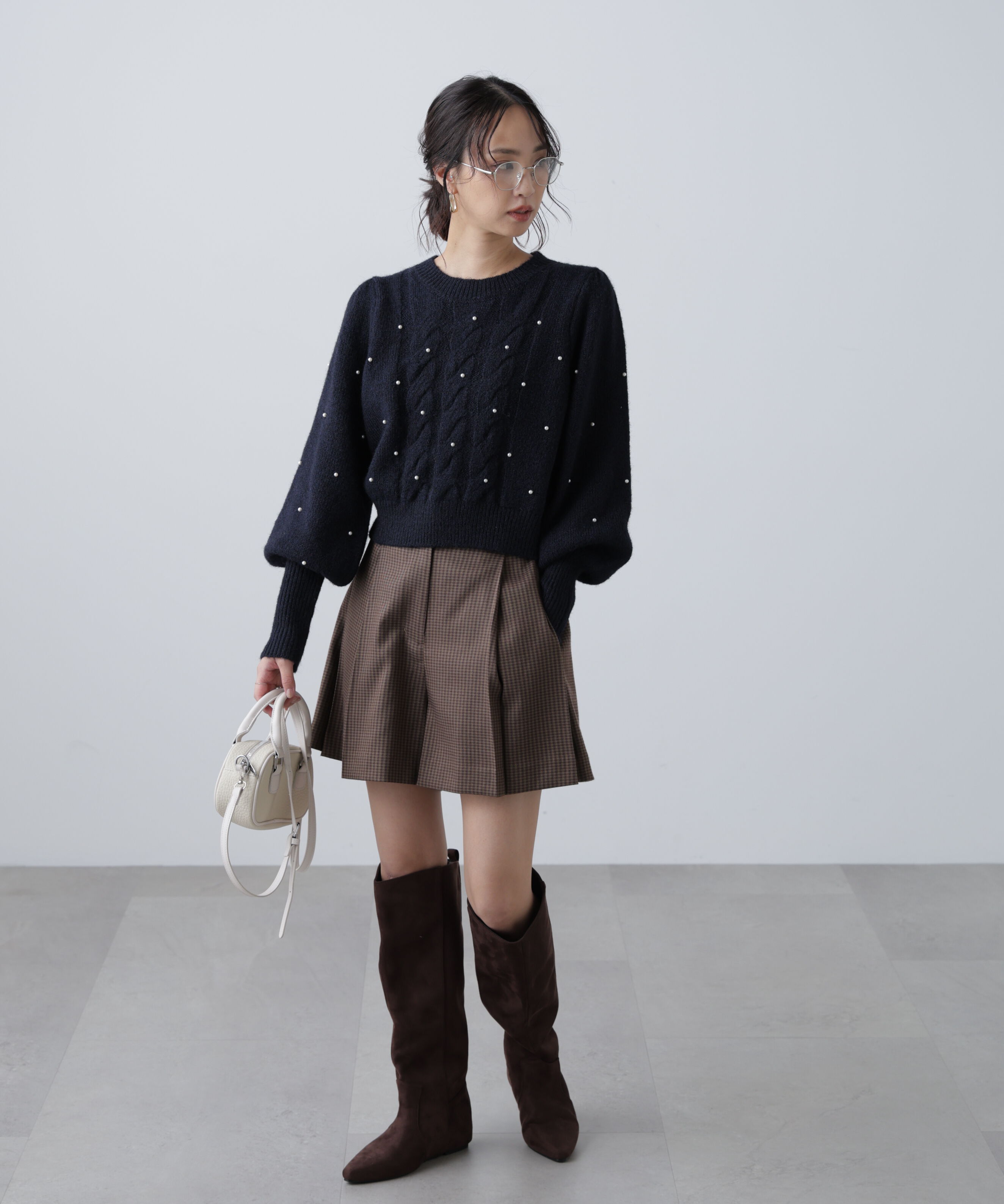  「パール付きケーブルショート丈ニット」|ニット・セーター|