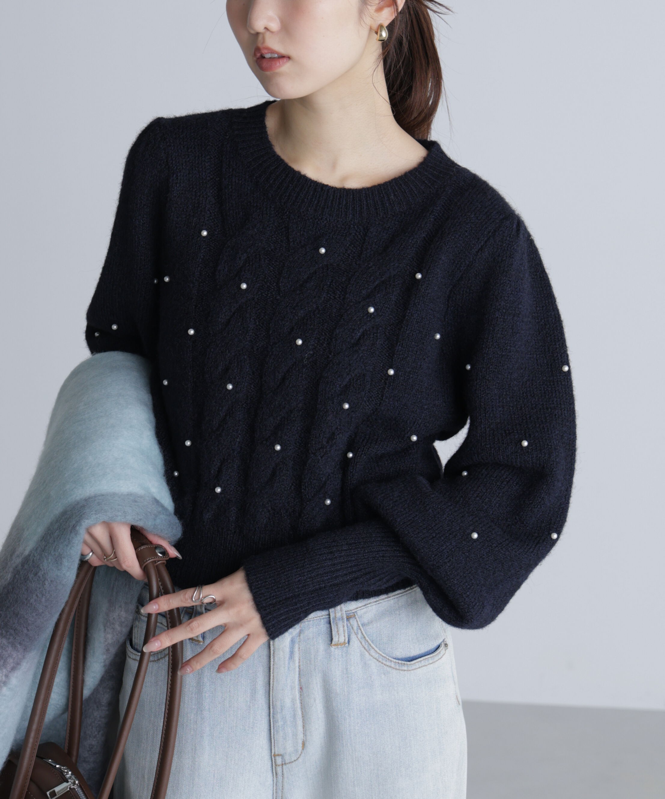  「パール付きケーブルショート丈ニット」|ニット・セーター|
