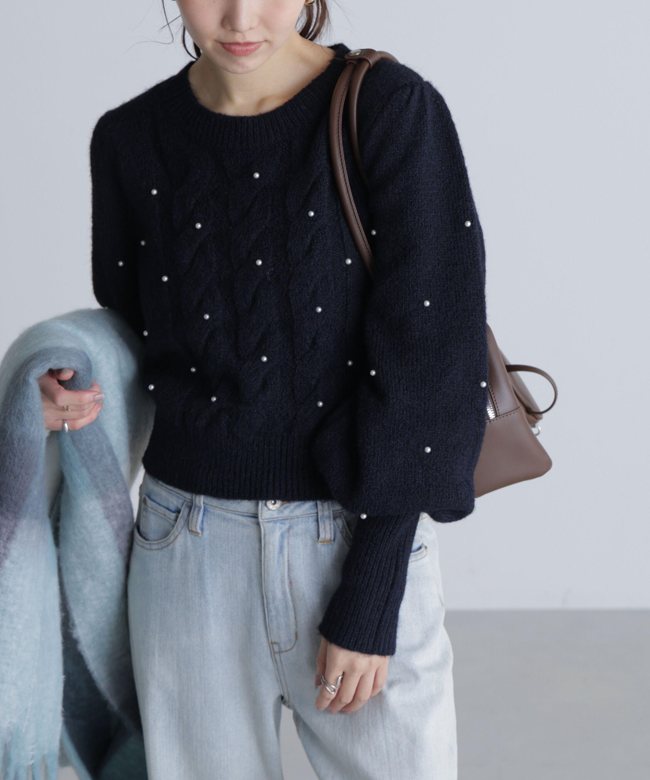  「パール付きケーブルショート丈ニット」|ニット・セーター|