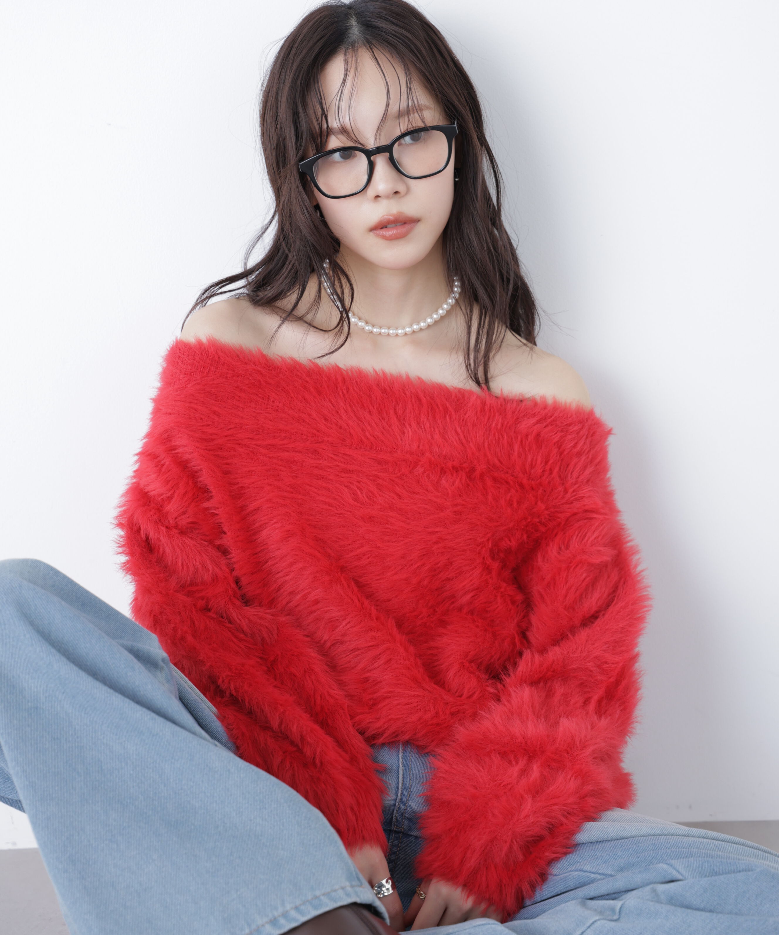  「ロングシャギーオフショルニット」|ニット・セーター|レッド