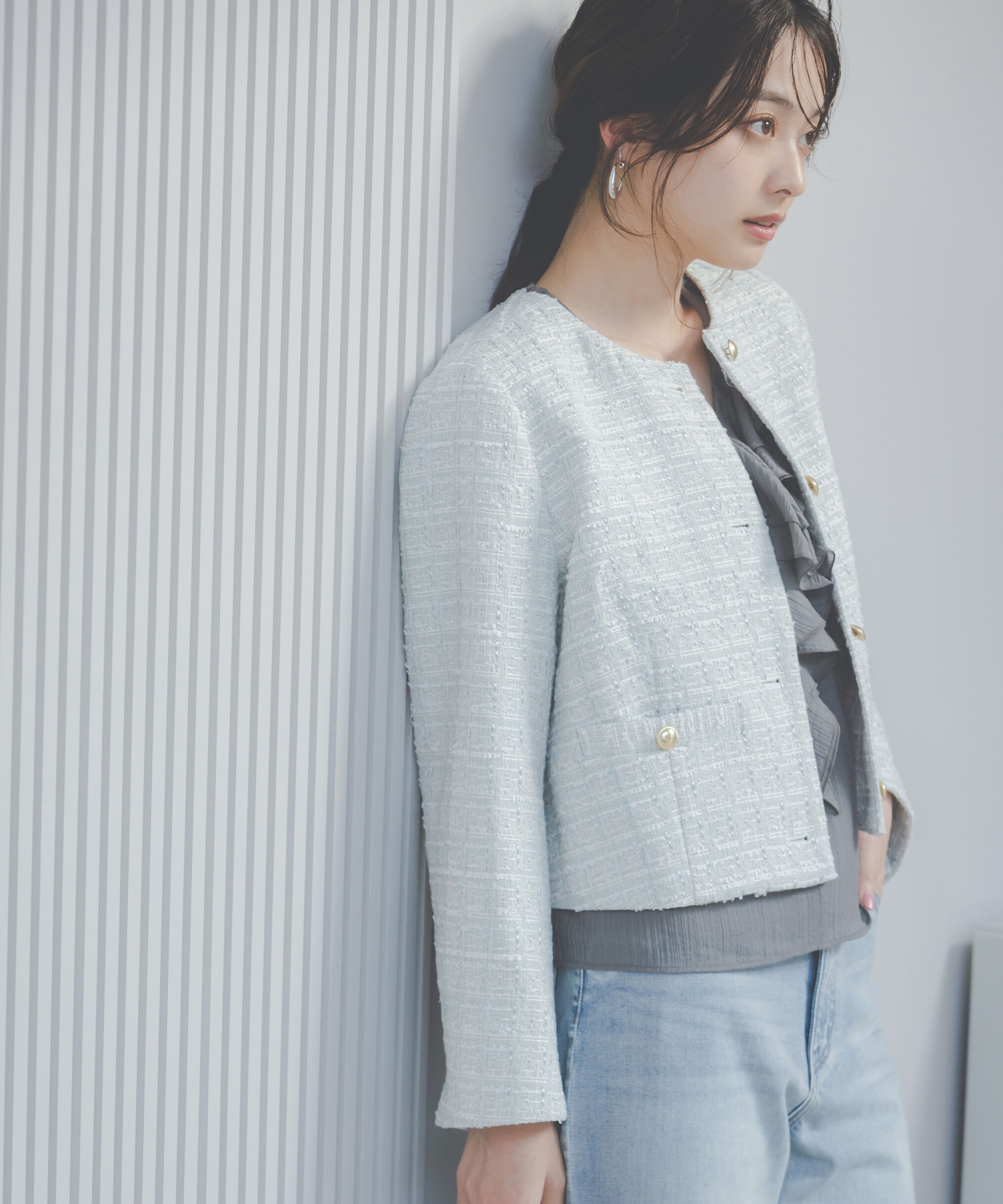 PROPORTION BODY DRESSING「ノーカラーツイードジャケット　26SS」|ブルゾン・スタジャン|ブルー