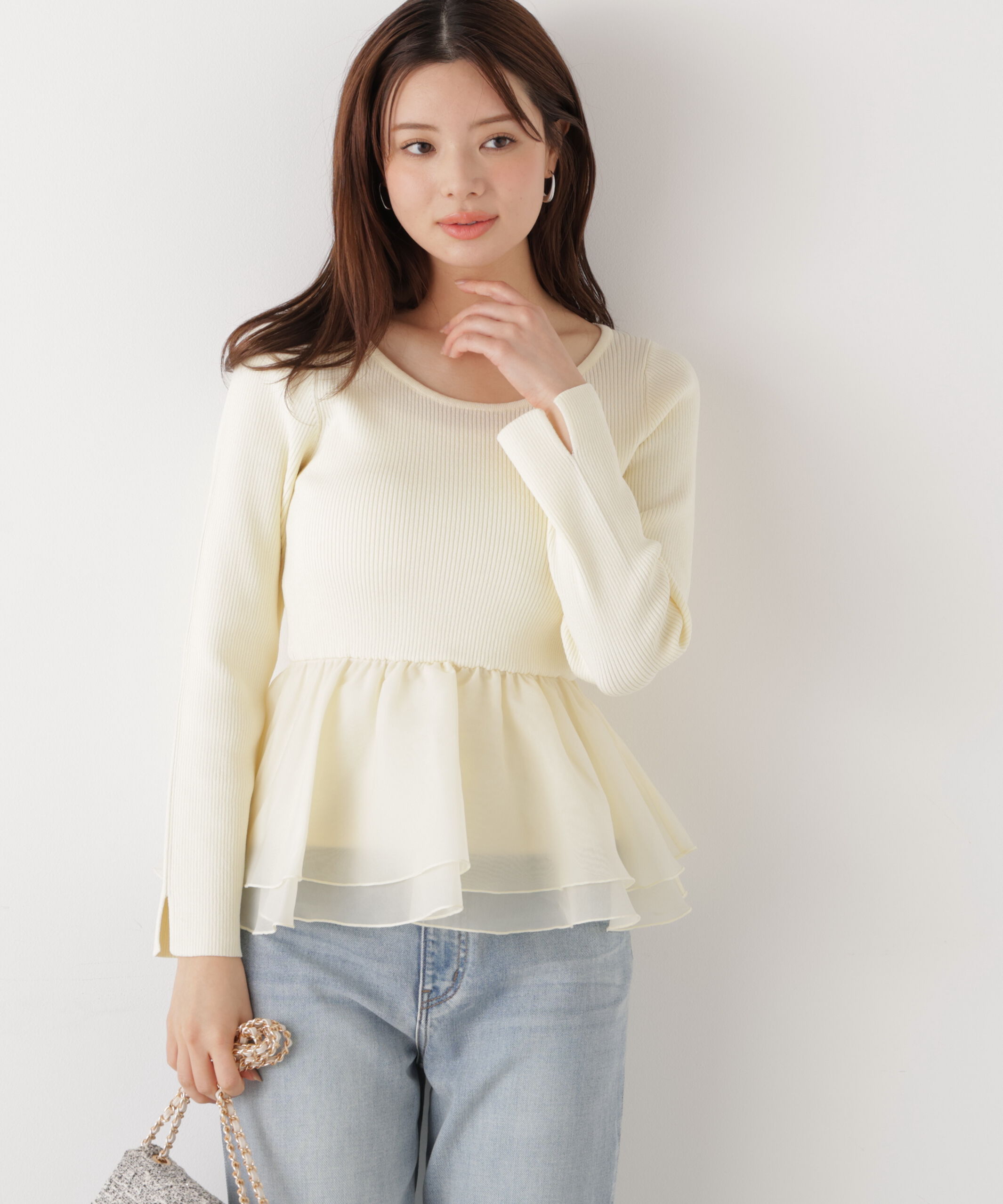 PROPORTION BODY DRESSING「〈a/mie〉シアーペプラムリブニット　26SS」|カーディガン|