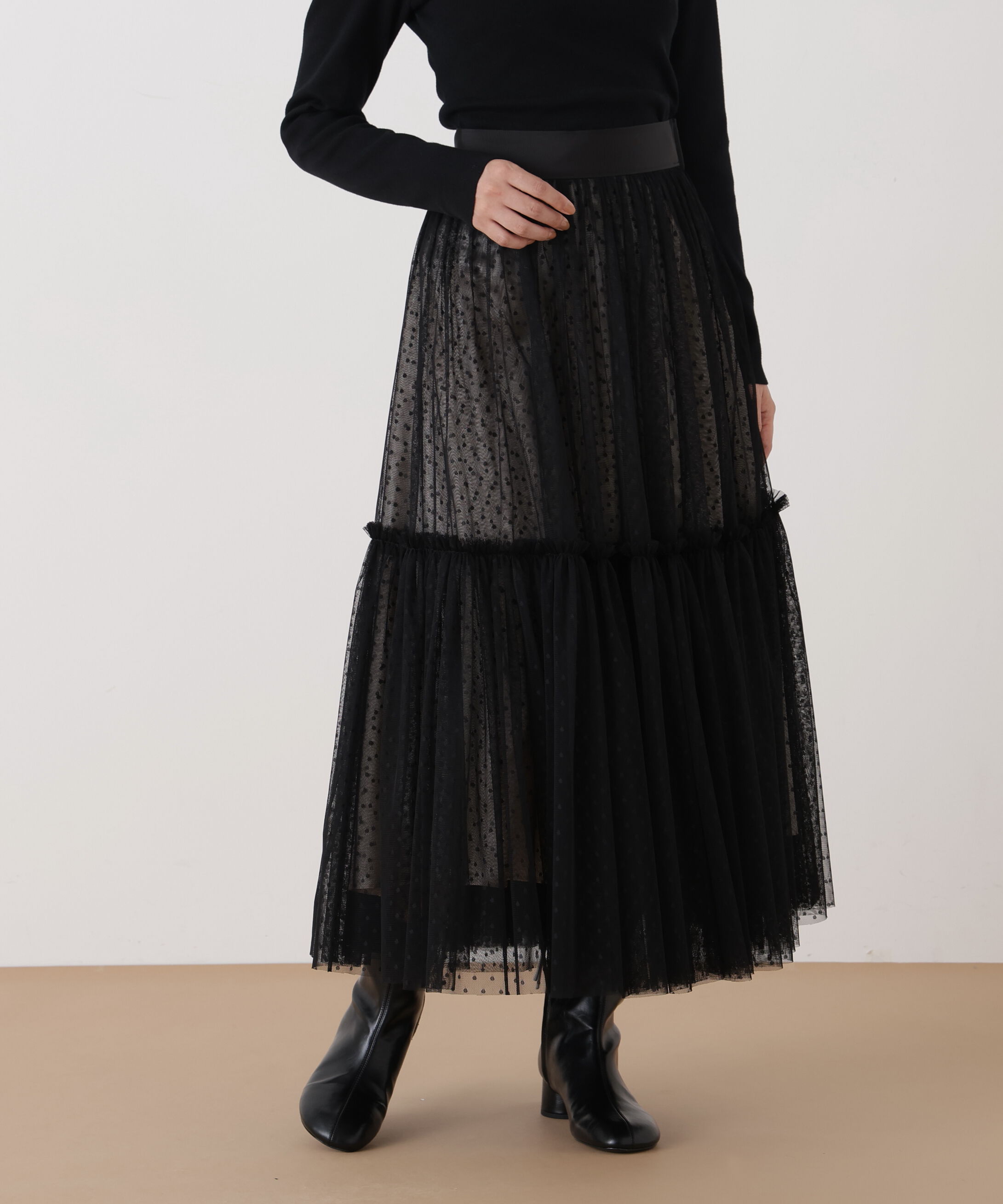  「◆ドットチュールギャザーティアードスカート」|スカート|