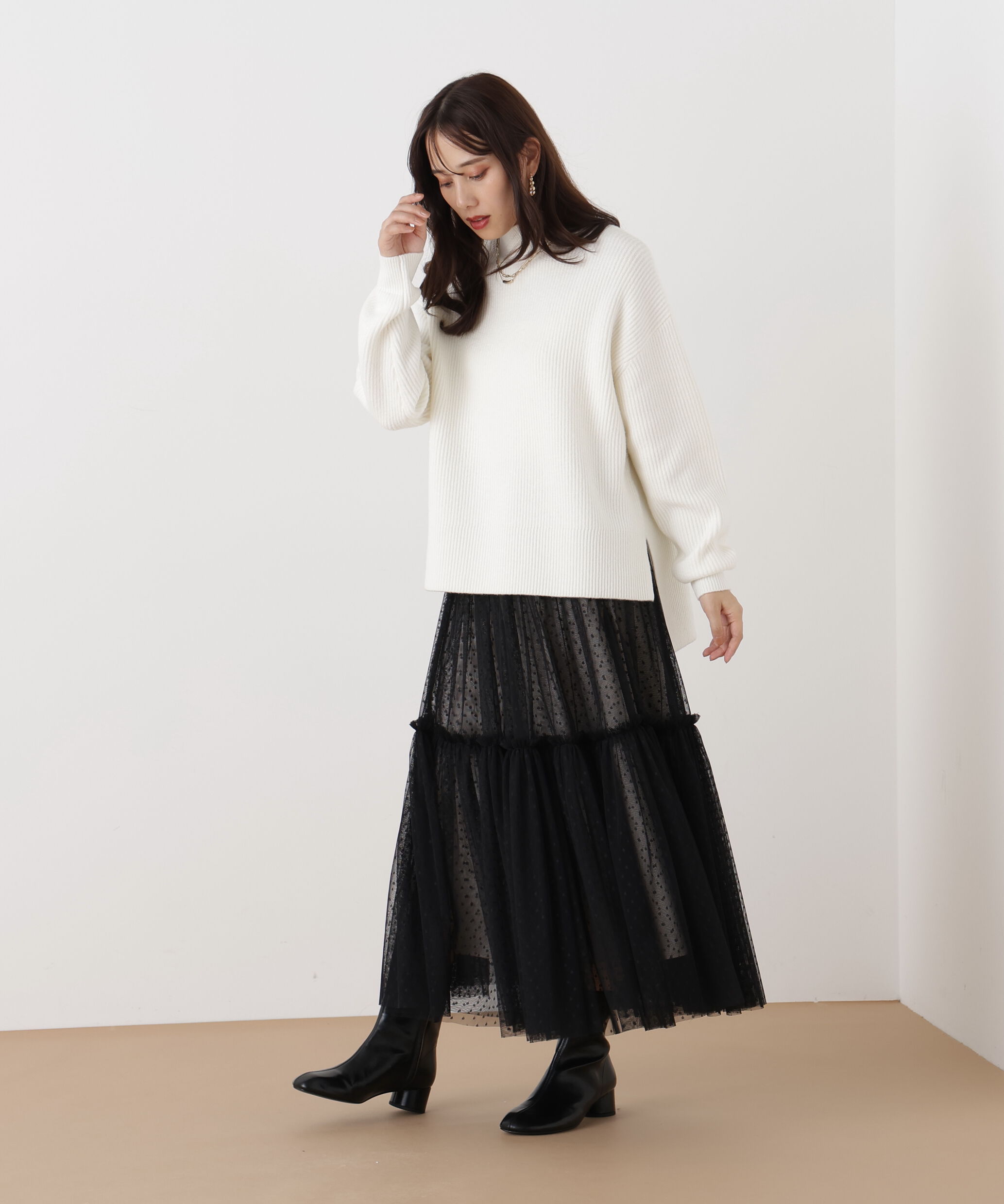  「◆ドットチュールギャザーティアードスカート」|スカート|