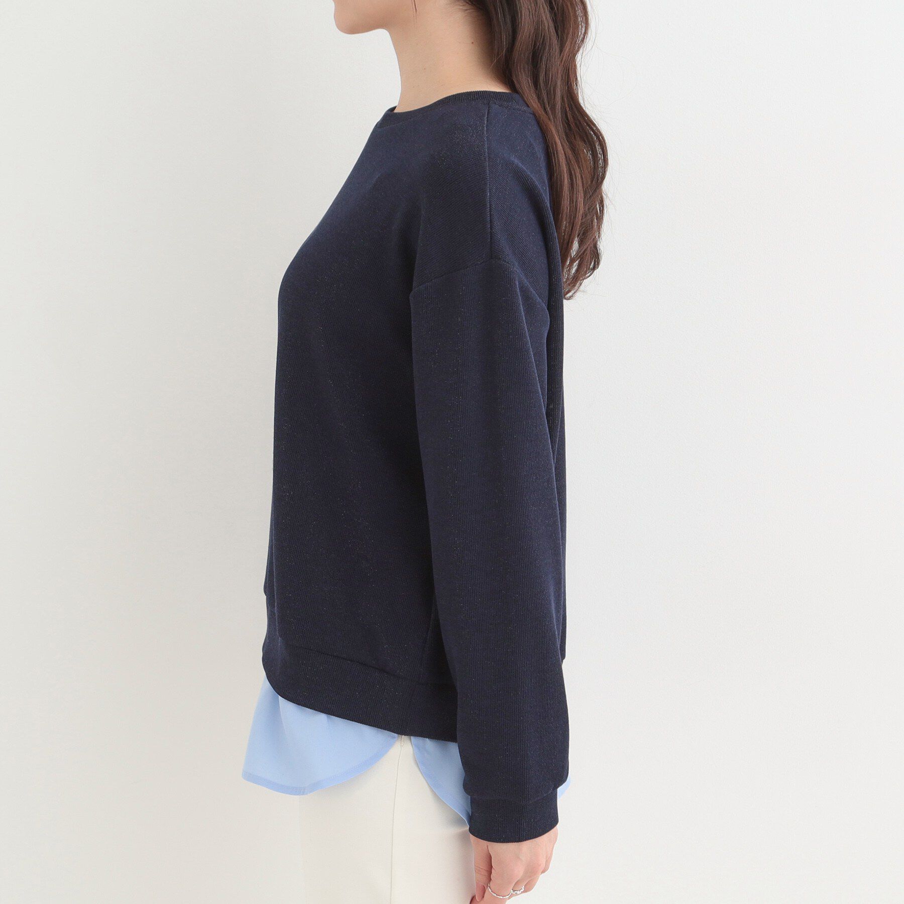 SHOO･LA･RUE「【洗濯機可/S-LL】1枚でサマ見え ラメニットソー レイヤード風トップス」|Tシャツ・カットソー|