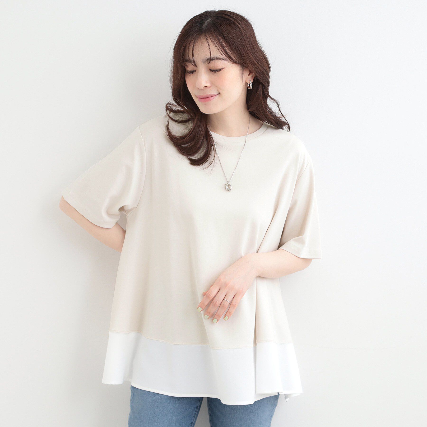 SHOO･LA･RUE「【接触冷感/UVカット/抗菌防臭】体型カバーも叶う　裾切り替えAライントップス」|Tシャツ・カットソー|