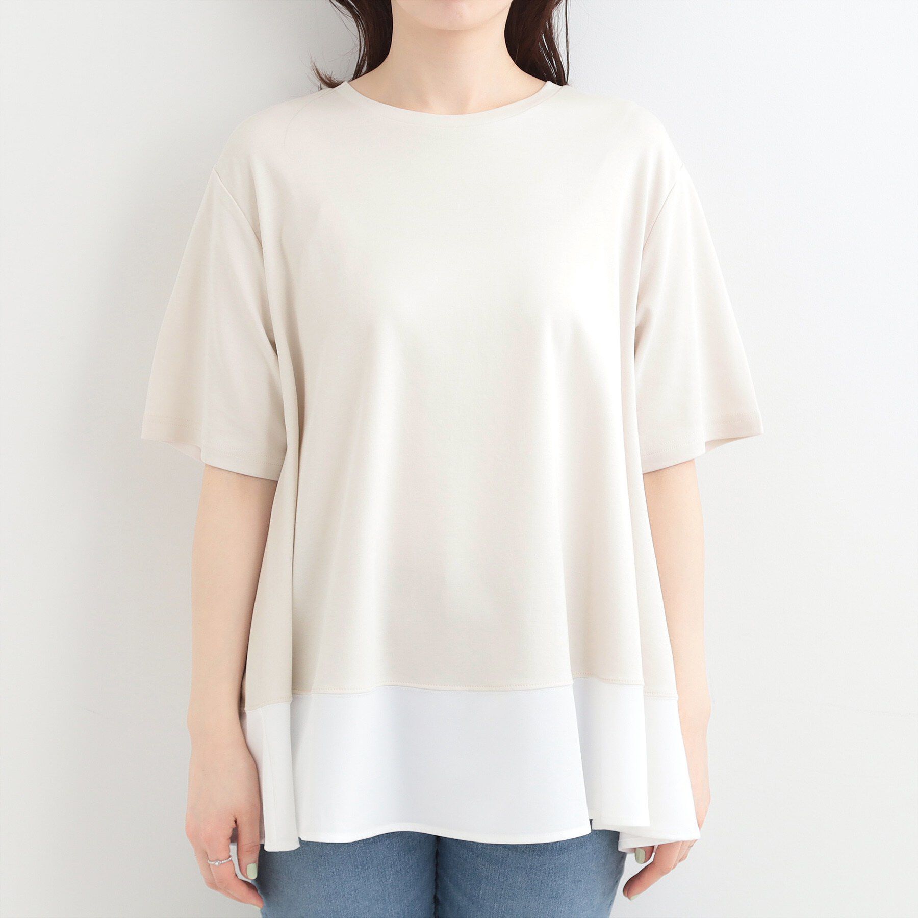 SHOO･LA･RUE「【接触冷感/UVカット/抗菌防臭】体型カバーも叶う　裾切り替えAライントップス」|Tシャツ・カットソー|