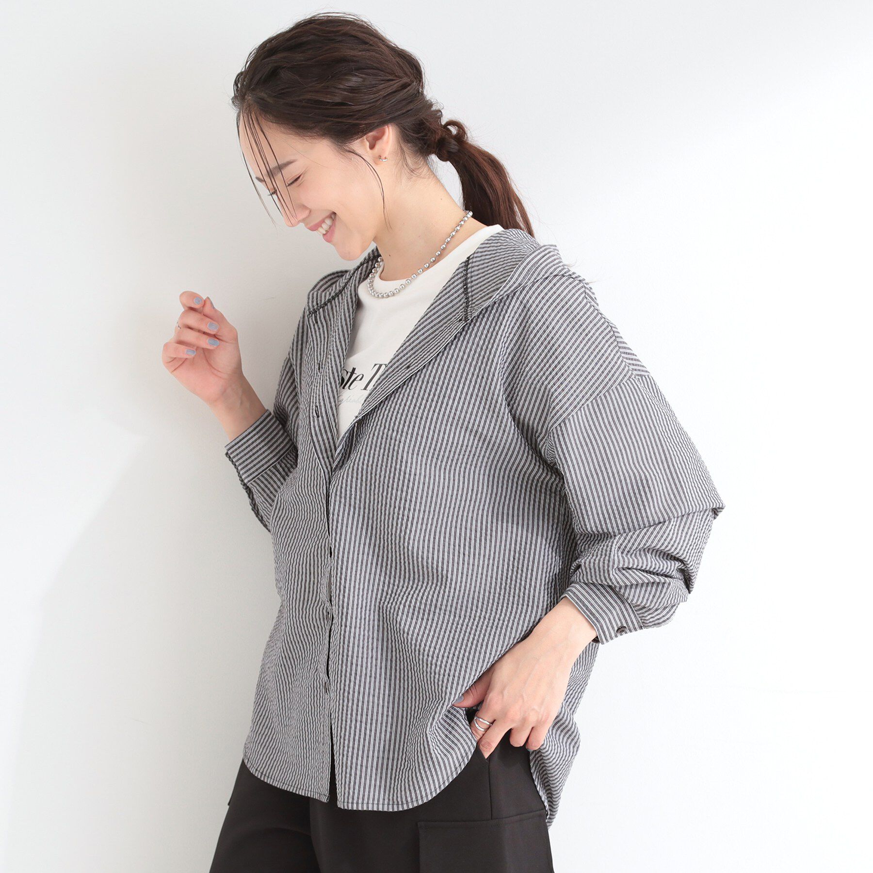 SHOO･LA･RUE「ストライプフードシャツ」|シャツ・ブラウス|