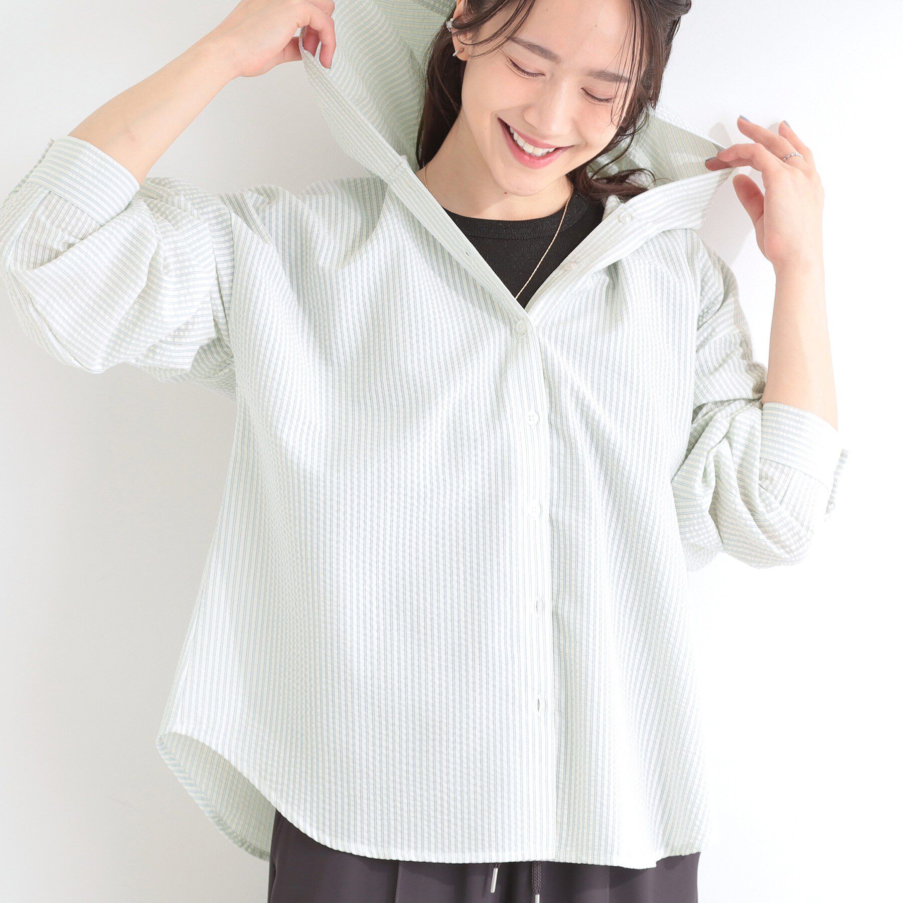 SHOO･LA･RUE「ストライプフードシャツ」|シャツ・ブラウス|サックスブルー(39