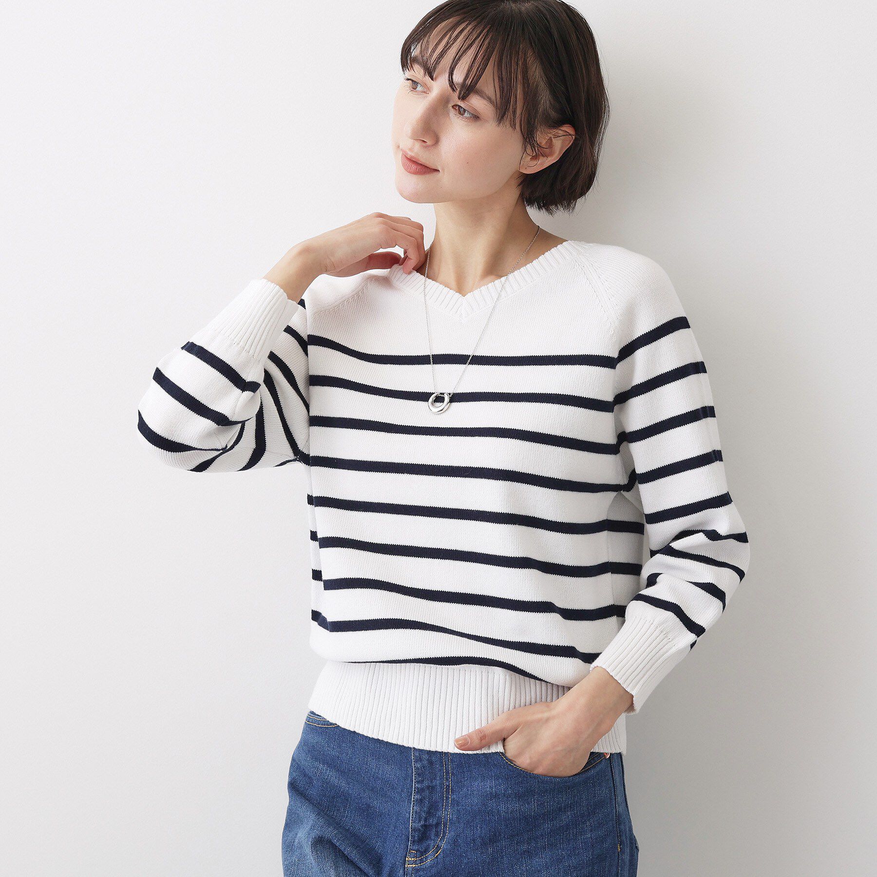 Dessin「【洗える】コットンVネックニット」|ニット・セーター|