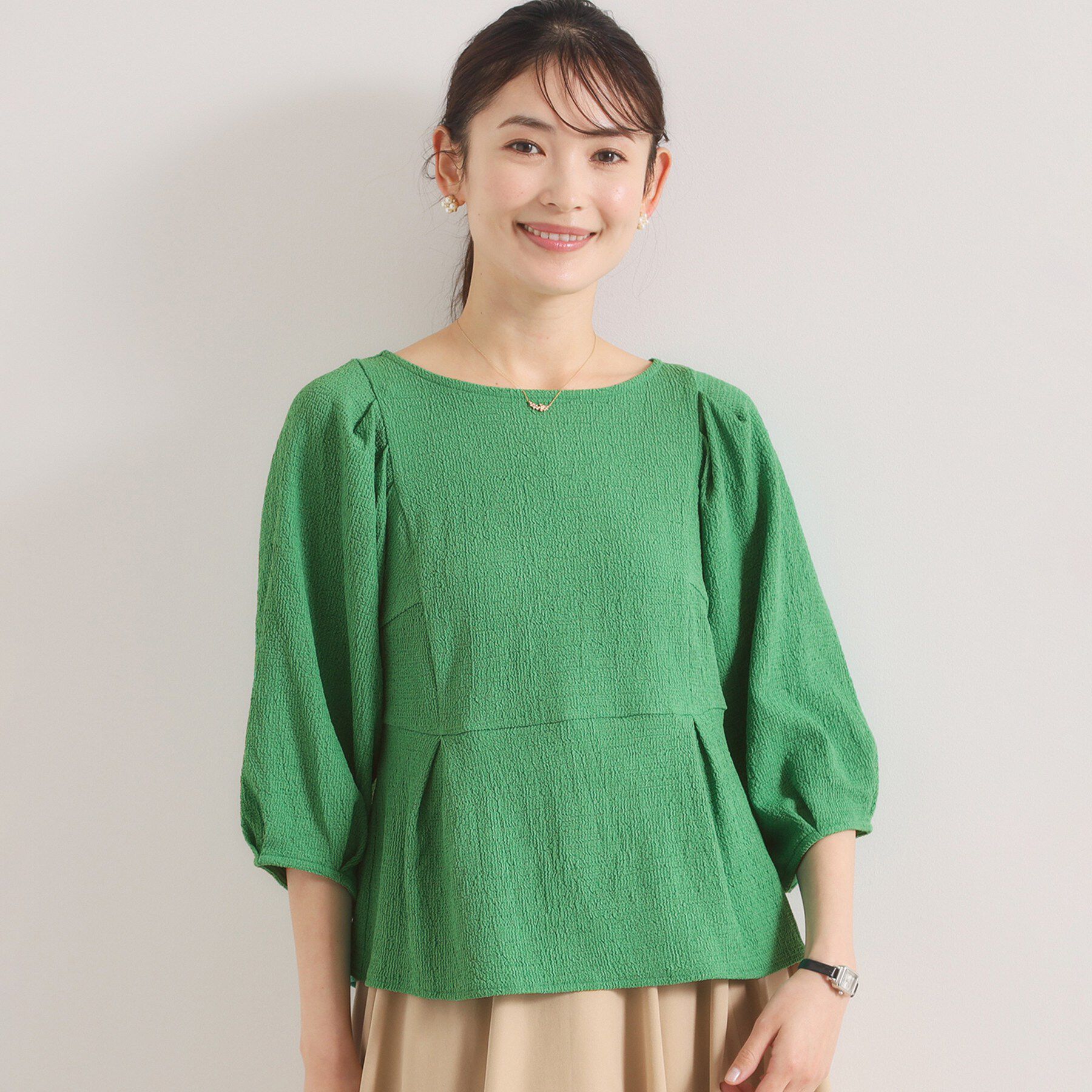 ITS&rsquo;DEMO「【洗濯機OK】シャーリングジャカードトップス」|Tシャツ・カットソー|グリーン(022)