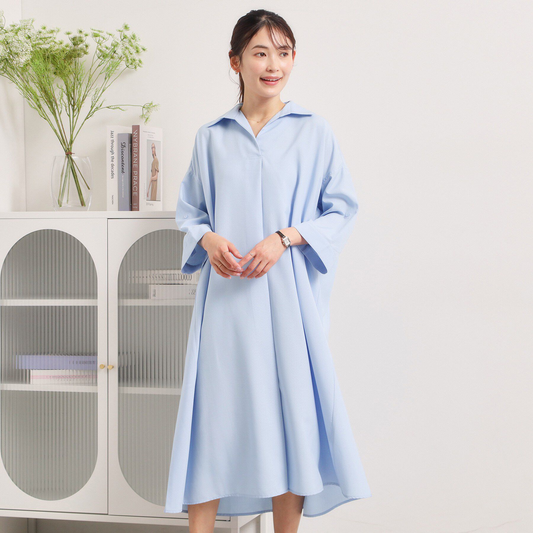 ITS&rsquo;DEMO「麻調合繊スキッパーワンピース」|ワンピース|サックスブルー(09