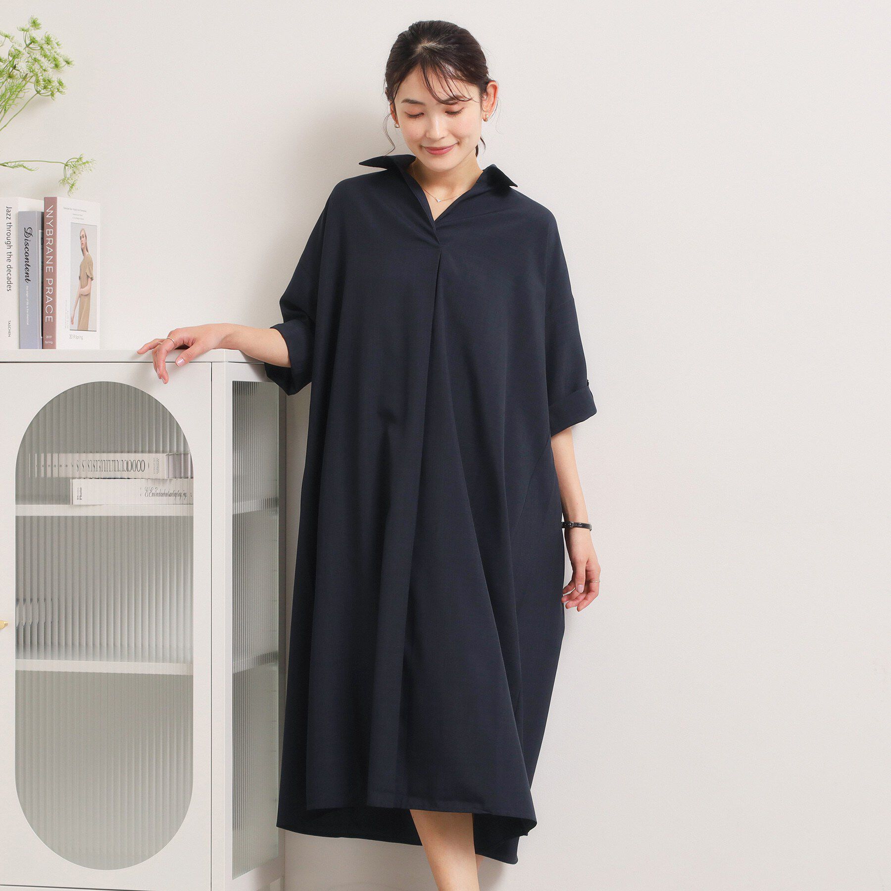 ITS&rsquo;DEMO「麻調合繊スキッパーワンピース」|ワンピース|ネイビー(094)