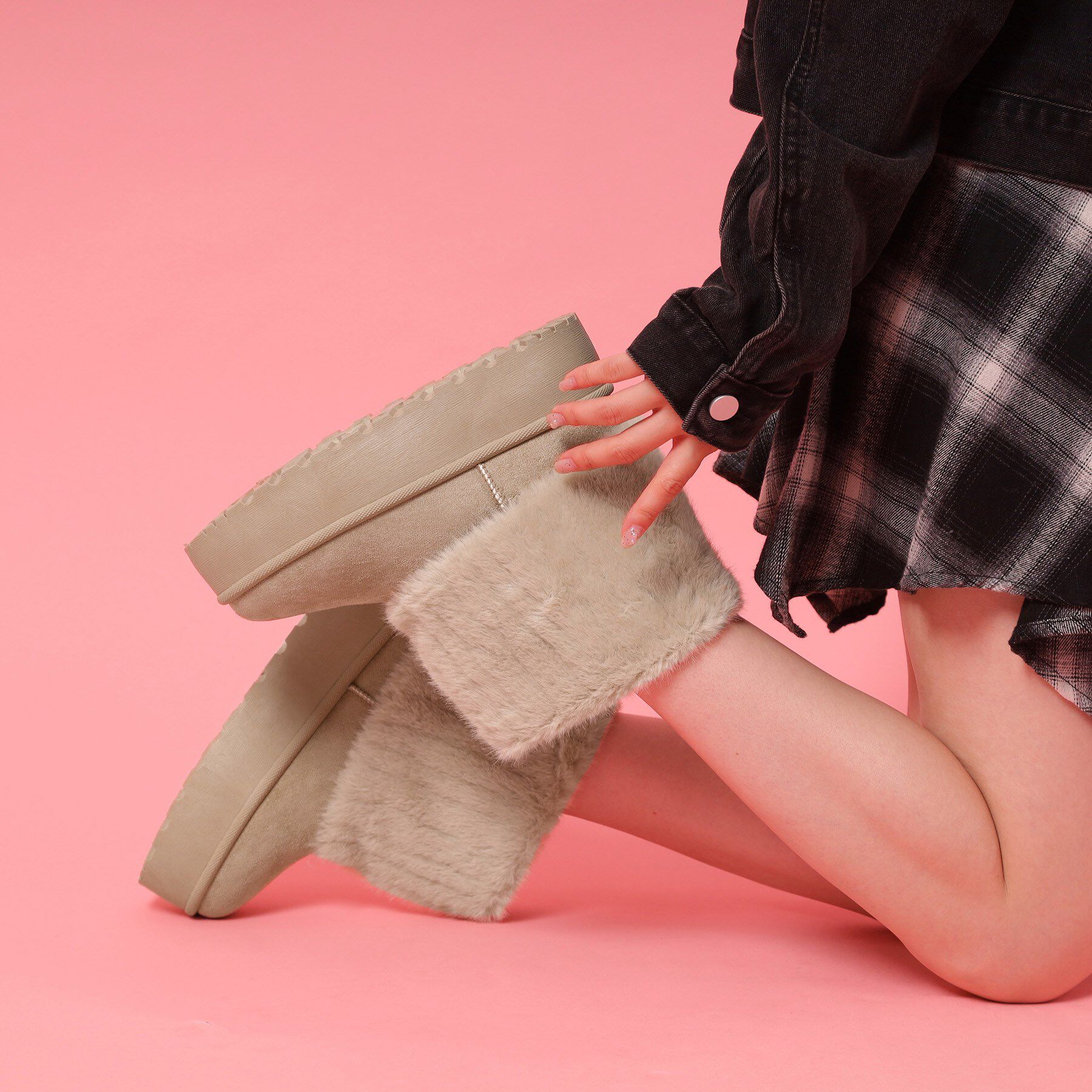 csT&P「厚底フェイクファームートン」|ショートブーツ|ベージュ(052)